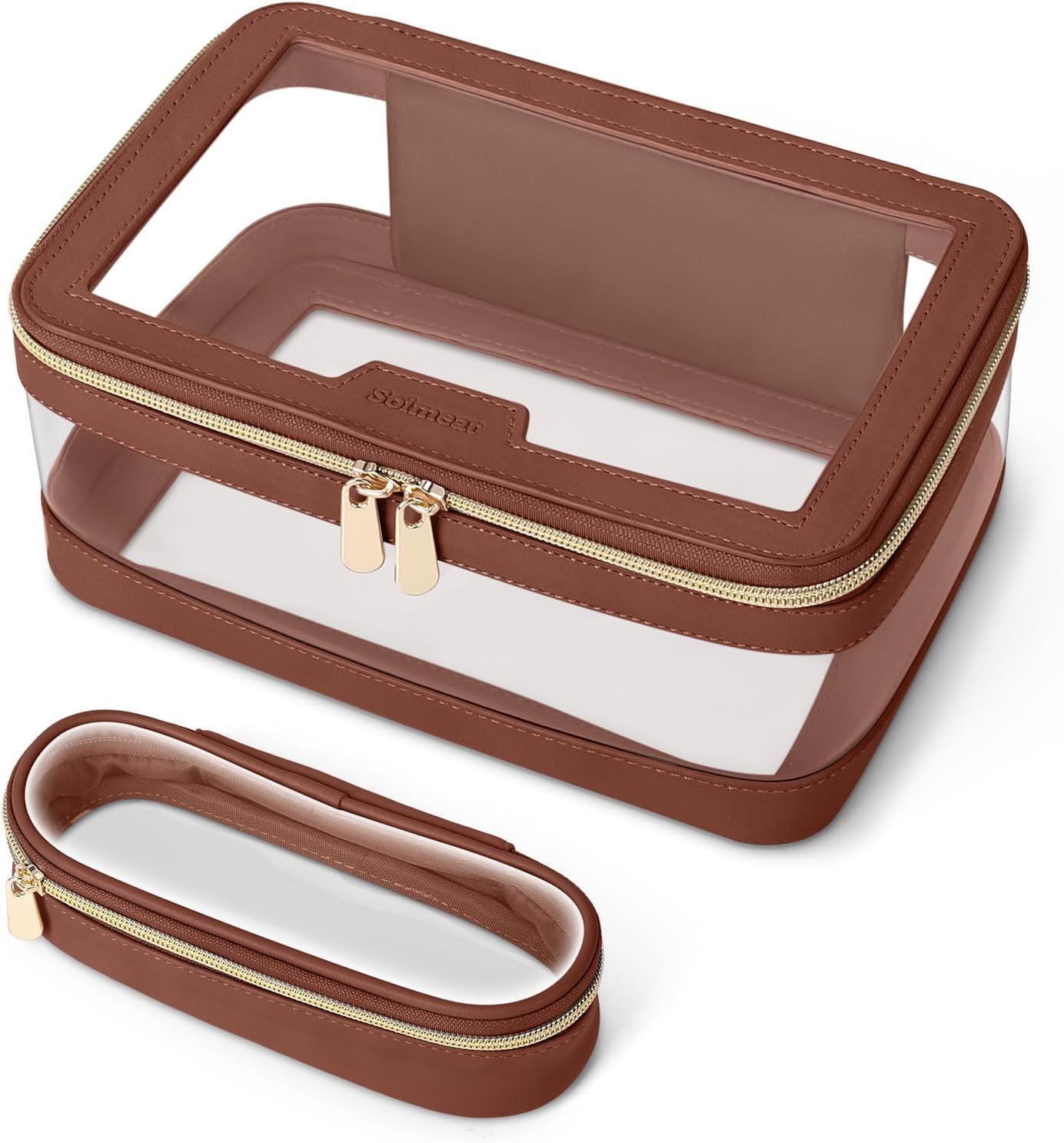 Travel Clear Makeup Bag with Makeup Brush Bag, Leather Makeup Case Toiletry Bag, Portable Cosmetic Bag Case, Transparent Waterproof Cosmetic Organizer Storage Bag for Women, Brown, L,