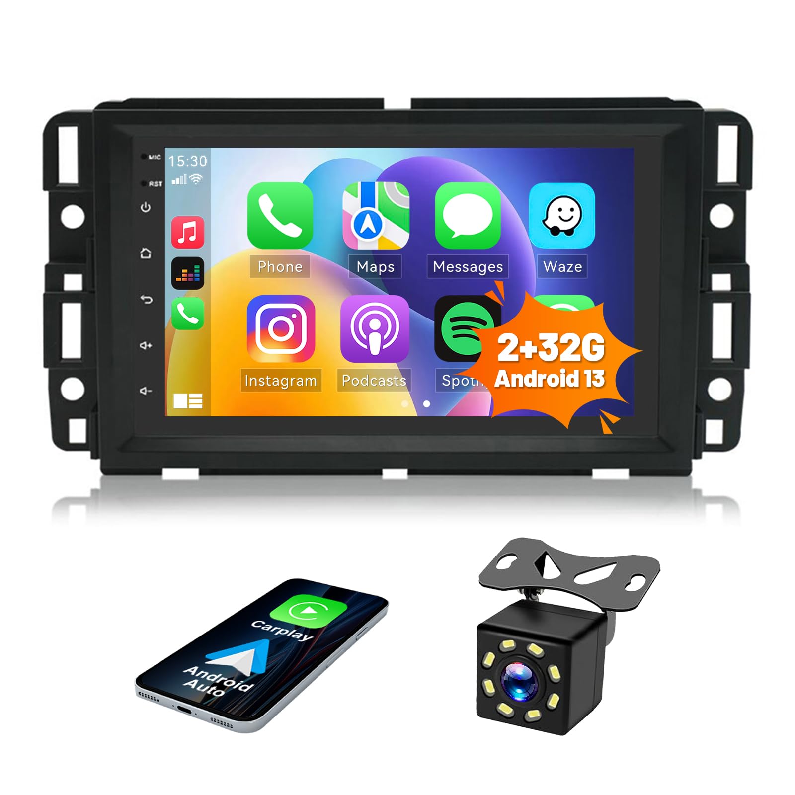 Android 13 Car Radio Compatible for GMC Chevy Yukon Sierra Acadia l Car Stereo Radio with Carplay Android Auto GPS Navi, FM, HiFi + Backup Camera, 2+