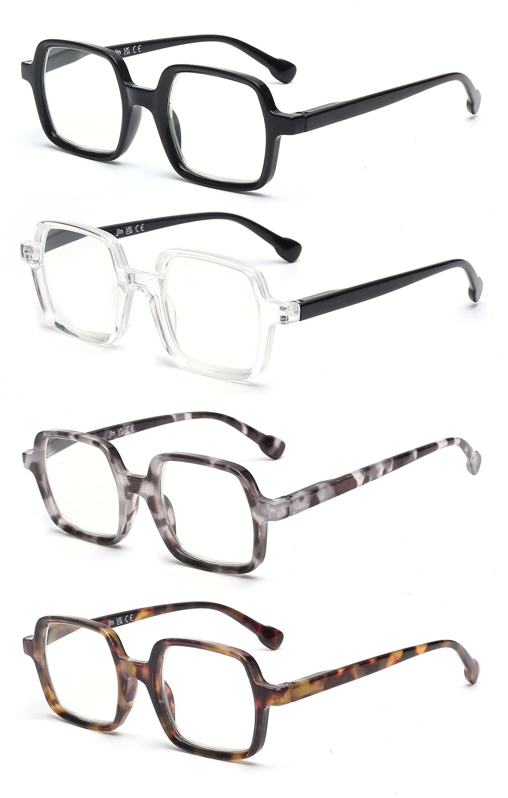 JM Paquete de 4 Gafas de Lectura Cuadrados, Lector de Computadora con Bloqueo de Luz Azul para Mujeres y Hombres, Bisagra de Resorte