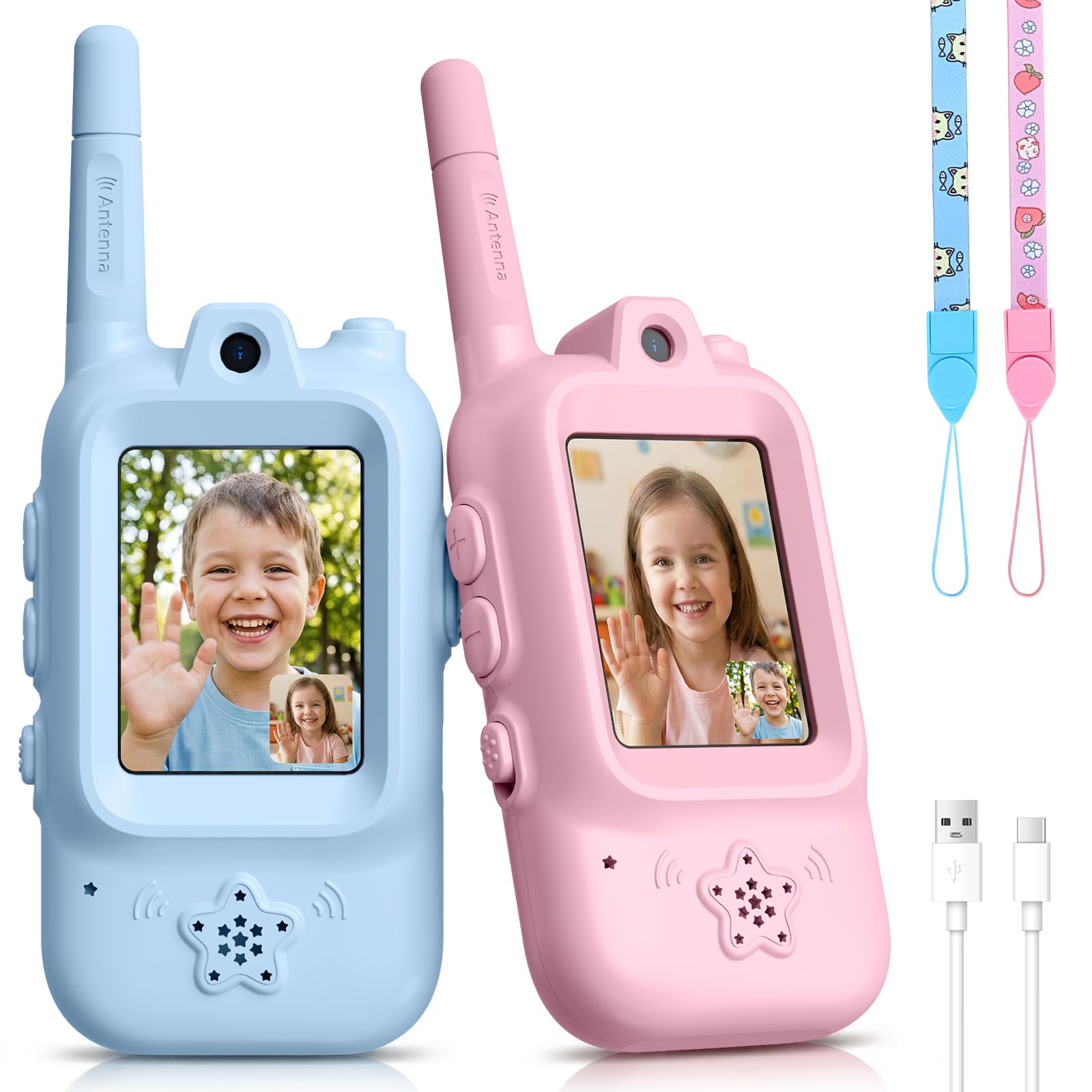 Kids Video Walkie Talkies, 2 Pack Rechargeable Long Range Walkie Talkies for Kids, Two-Way Radios with Voice Changer, Indoor Outdoor Toys,Christmas Birthday Gifts for Boys & Girls Ages 3–12