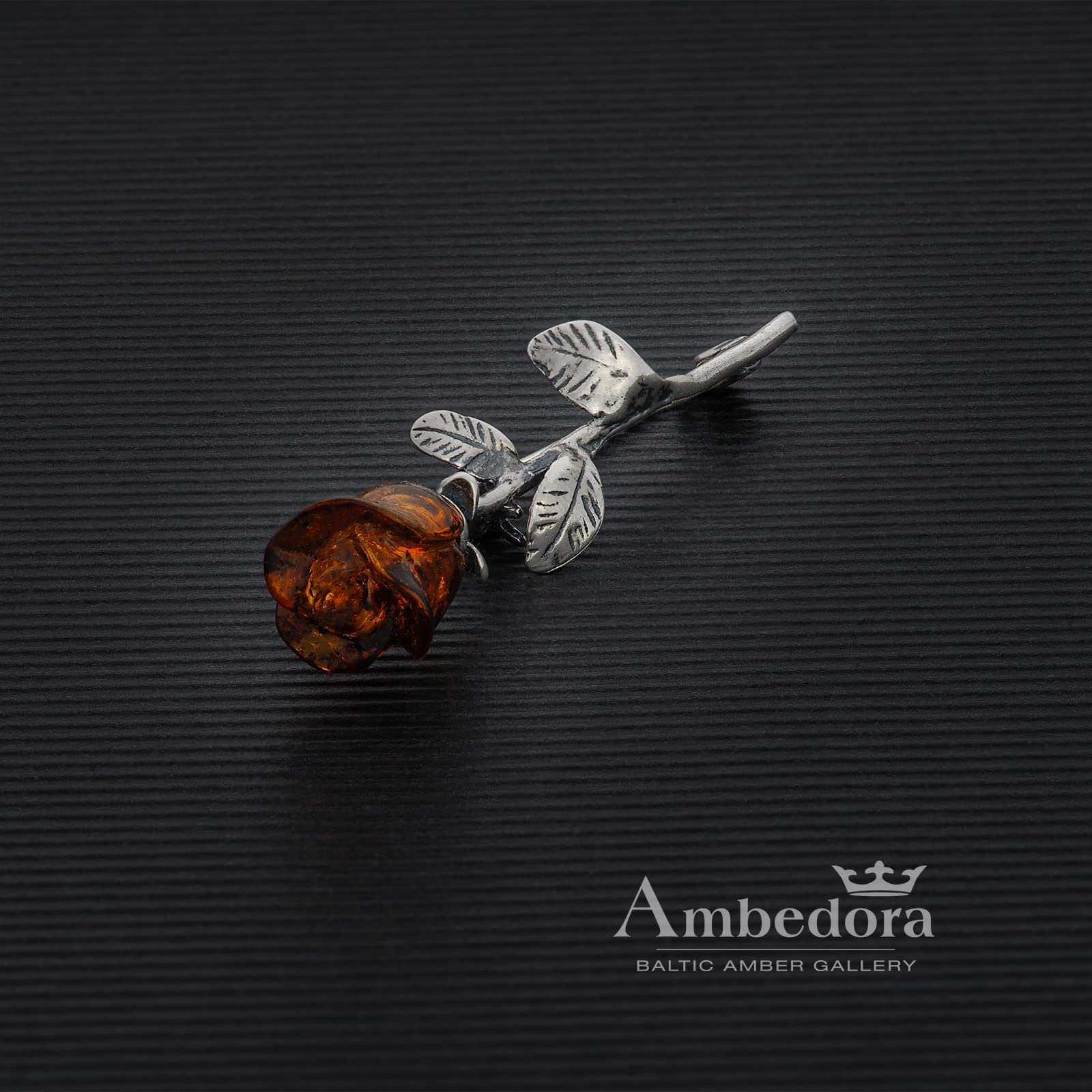Broche para mujer, plata 925 oxidada, ámbar roslein tallado a mano, pequeño broche de plata con rosa ámbar en color coñac 2g, Plata esterlina, Ámbar