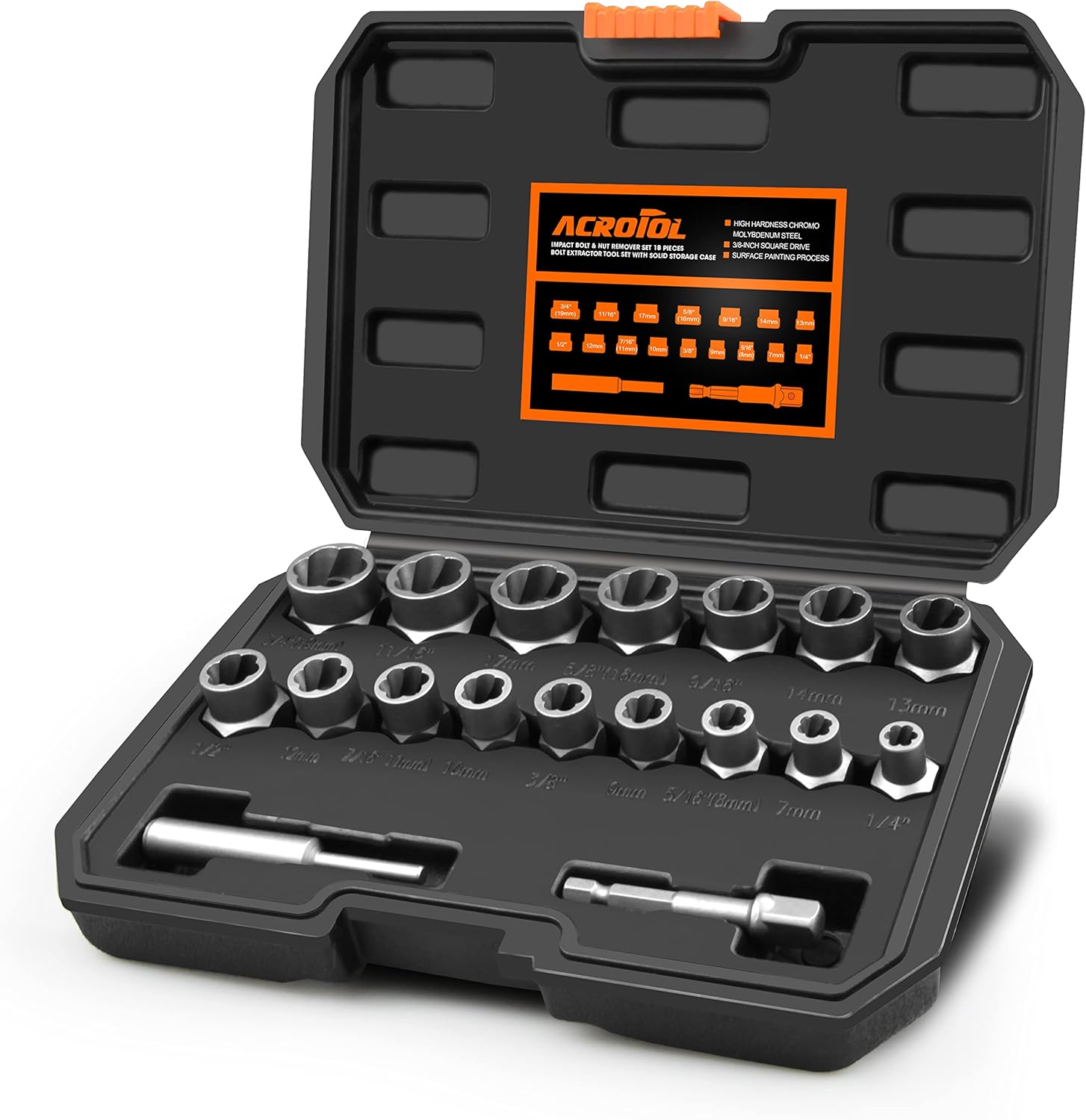ACROTOL 18 Pieces Impact Bolt & Nut Remover, Extraction Socket Set, Bolt Extractor Tool Set for