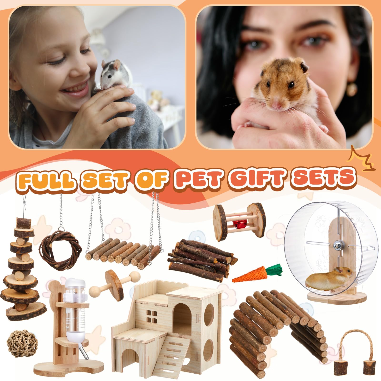 Sonwyoung 18 Pcs Hamster Toys Set, 10 Kinds Small Animal Chewing Toys, Maze Wood House, Silent Exercise Running Wheels and Water Bottle Set for Hamster Habitat Rat Cage Accessories(Mixed Play Style) - image 6