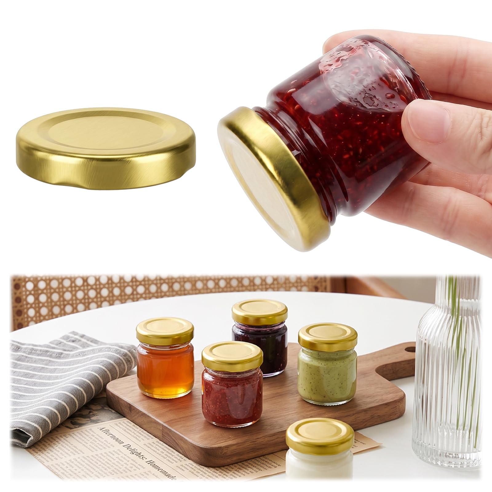 Kingrol Confezione da 60 mini barattoli in vetro con coperchio a vite dorato, barattoli rotondi da 45 ml per spezie, erbe, marmellate, artigianato, bomboniere nuziali, decorazioni