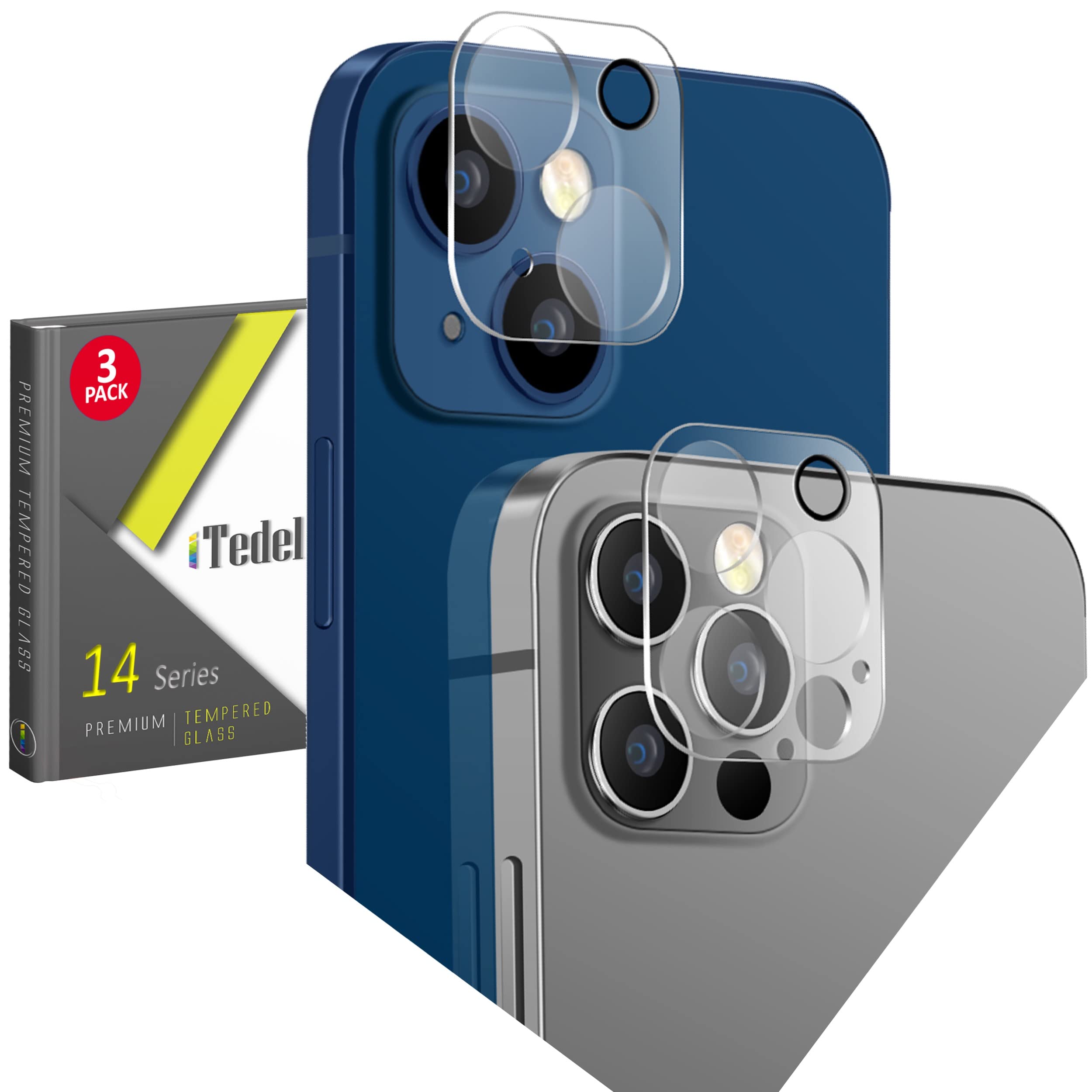 iTedel 3 Pack iPhone Camera Lens Protector for iPhone 14 and 14 Plus Full Transparent Tempered Glass High Resolution Anti-Scratch and Anti-Fingerprints