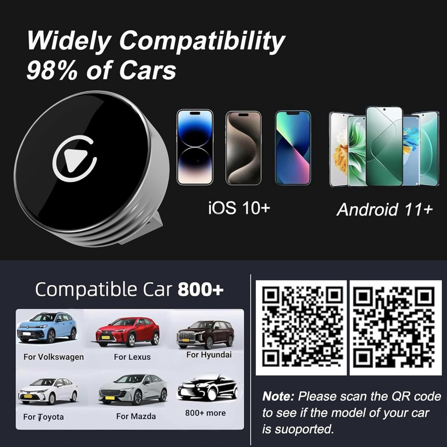 Wide compatibility graphic showing various car brands and a QR code for checking supported models