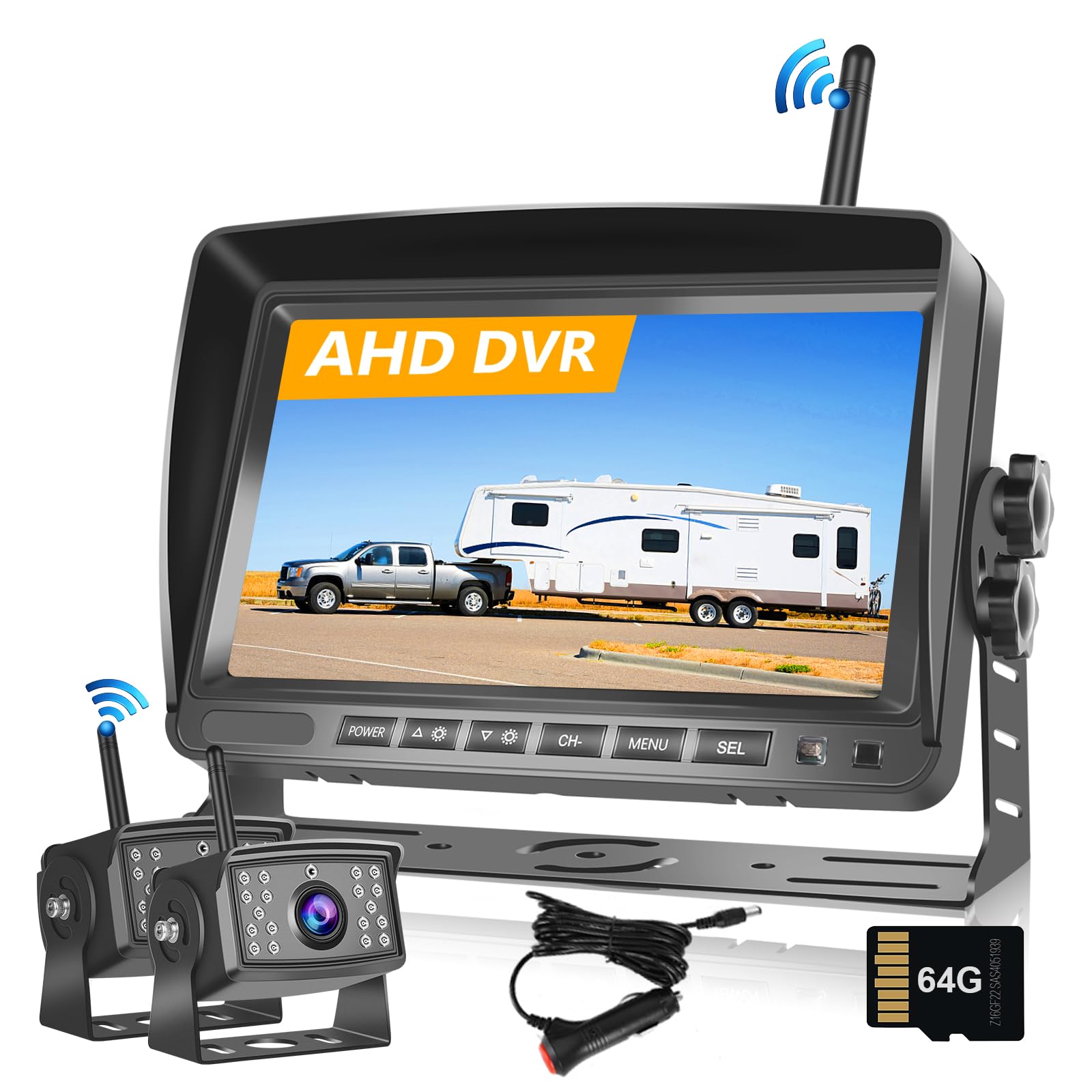 Hodozzy Camara Marcha Atras Inalámbrica Digitales DVR Monitor IPS 7 Pulgadas AHD 2 Cámaras con SD 64GB, Cámara de Visión Delantera/Trasera Cámara Inalámbrica de Visión Nocturna Impermeable 12V-36V