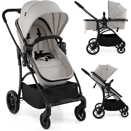 INFANS 2 in 1 Baby Stroller, Convertible Stroller with Bassinet Reversible Seat Adjustable Backrest Canopy One Hand Fold, Compact Toddler Pushchair for Kids Infants Newborns 0-36 Months (Grey)