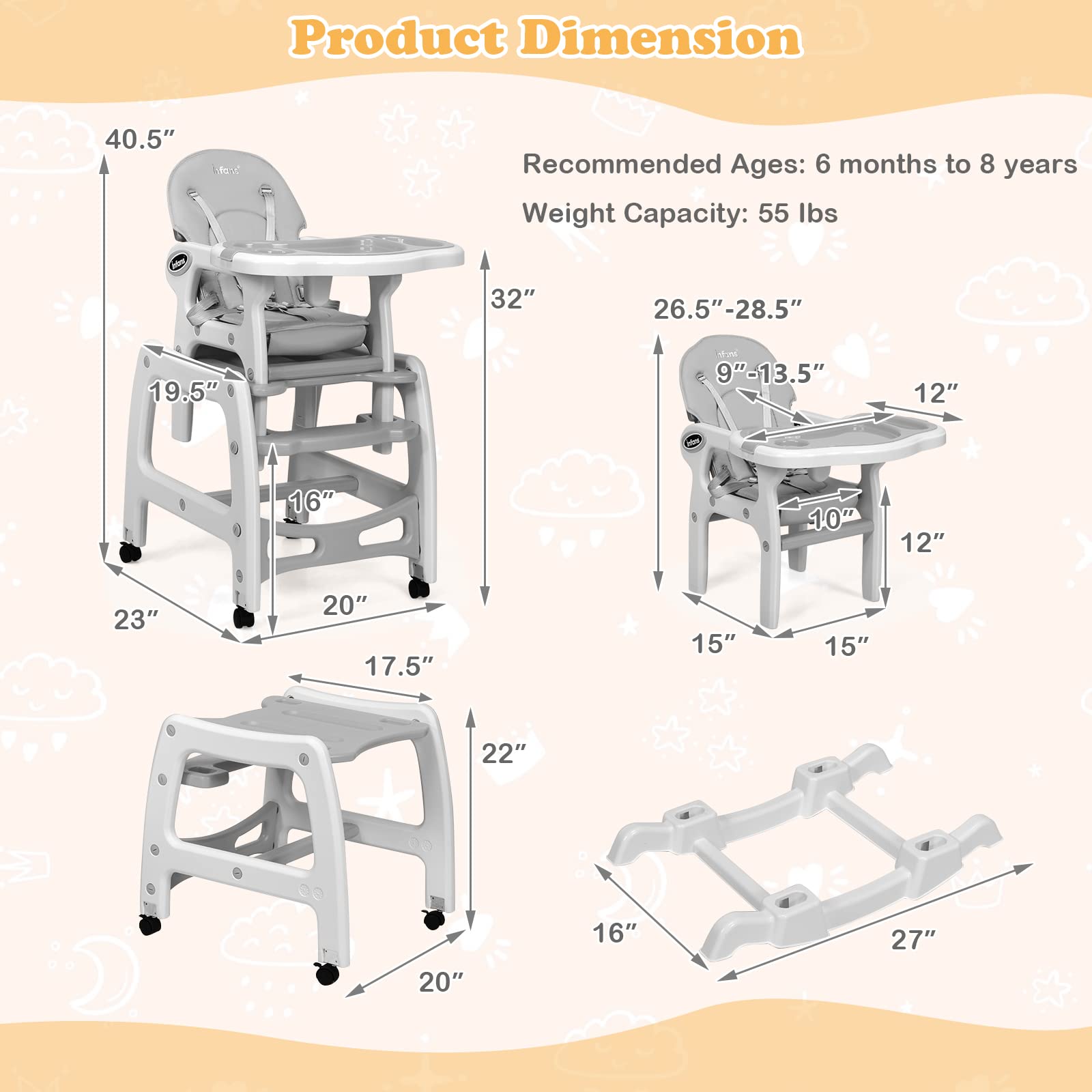 GOPLUS 5 en 1 Trona de Bebé para 6-72 Meses, Carga 20 kg, Trona Comedor Portatil para Niños con Respaldo Ajustable de 3 Niveles, 2 bandejas extraíbles, Rueda universal con Freno (Gris)