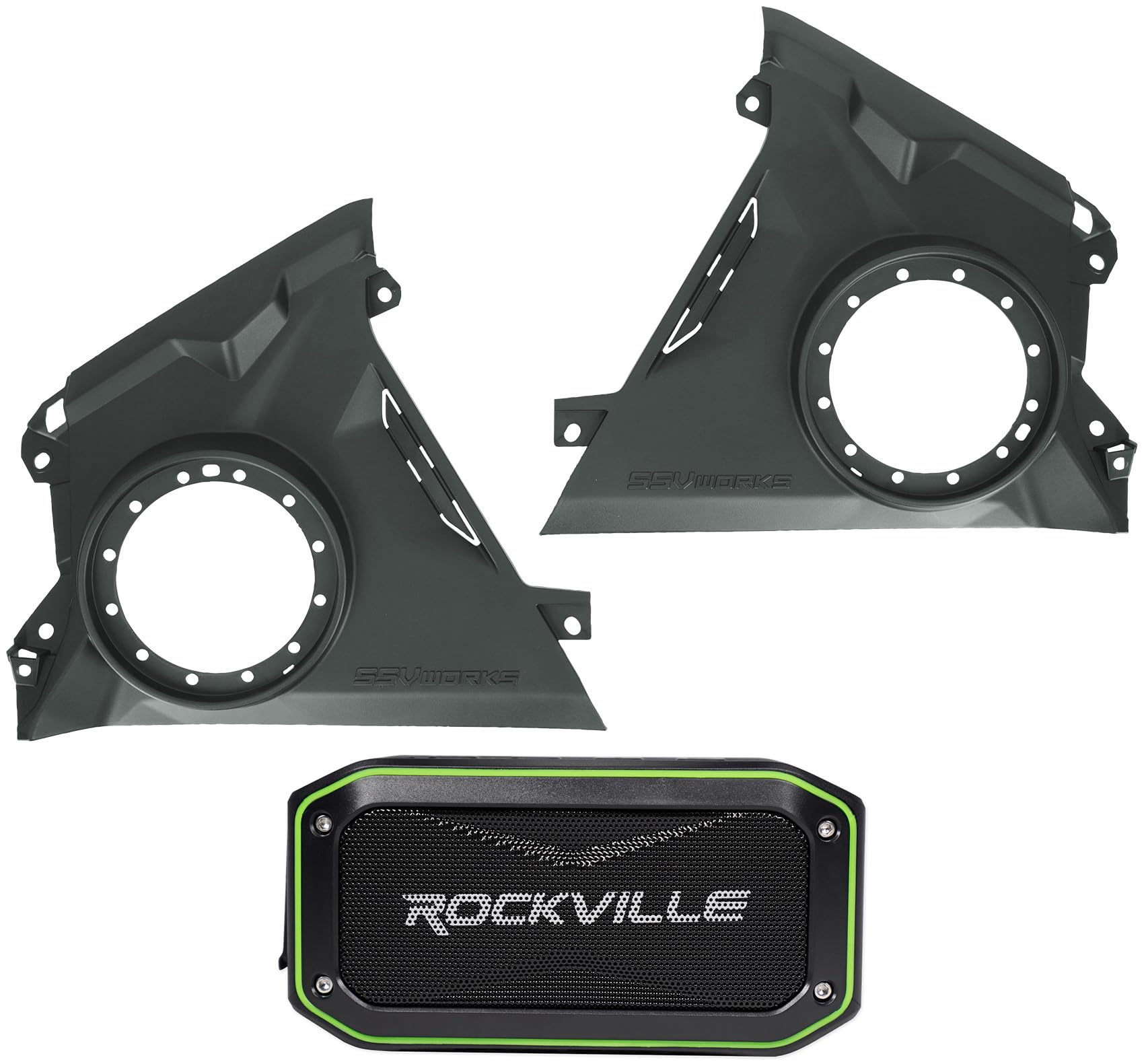 Audiosavings Bundle: 240-MAVR-F65U 6.5 Front Dash Speaker Enclosure Pods Can-Am Maverick R Bundle with Rock Anywhere Waterproof Portable Bluetooth Speaker+TWS Stereo Linking (2 Items)