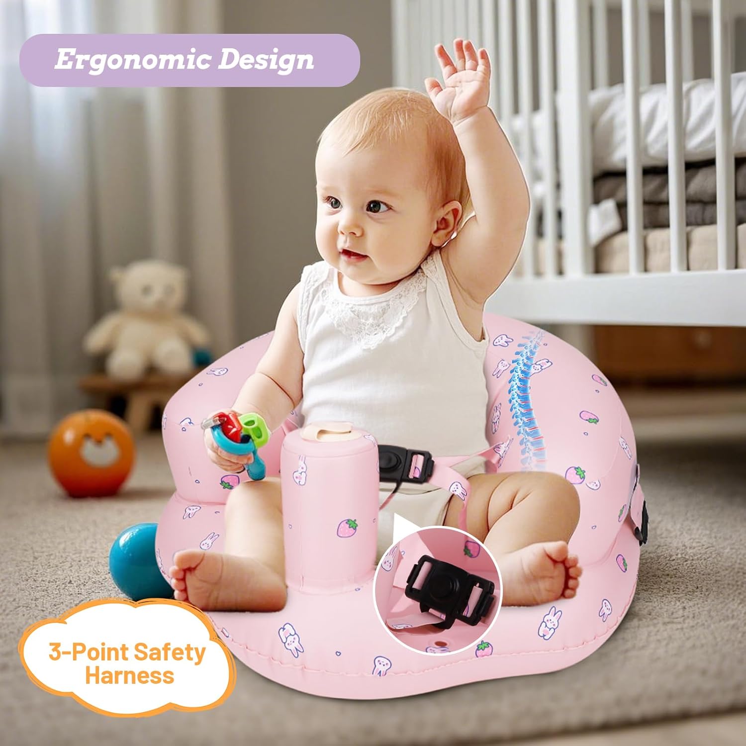 AirSwim Inflatable Baby Seat for Babies 3 Months and Up, Inflatable Baby Chair with Safety Belt and Built-in Pump, Simplified Blow Up Chair, Infant Floor Seats for Learning to Sit, Camping, Strawberry