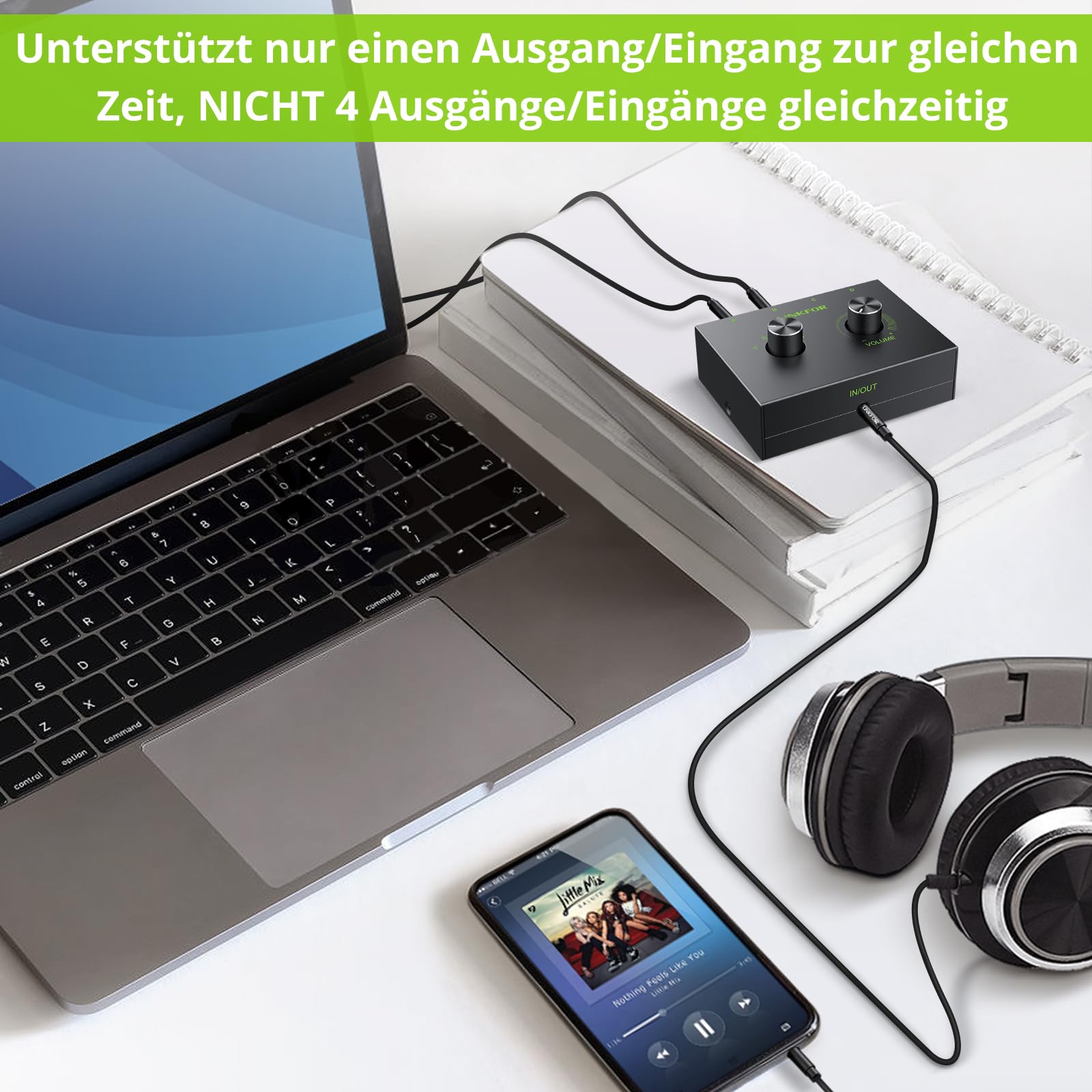 LiNKFOR 3.5mm Stereo Audio Switcher Selector 3,5mm Stereo Audio Schalter Umschalter Splitter Konverter 4 x 1/1 x 4 für passive Lautsprecher Kopfhörer, Nr Externe Stromversorgung erforderlich