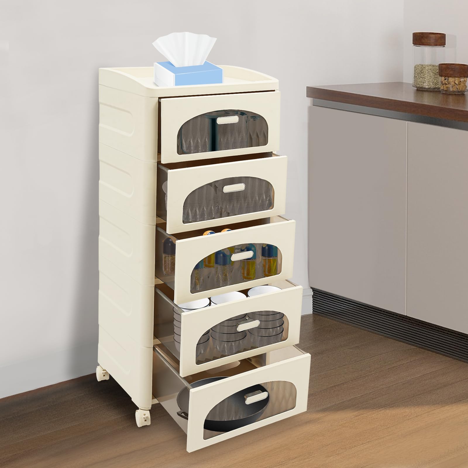 5-Schubladen Schubladenschrank Kunststoff Rollcontainer Leicht zu Verschieben Transparente Organizer Schublade für Büro, Unterricht, Unterlagen Transparent+Weiß 41.7 x 32 x 97cm