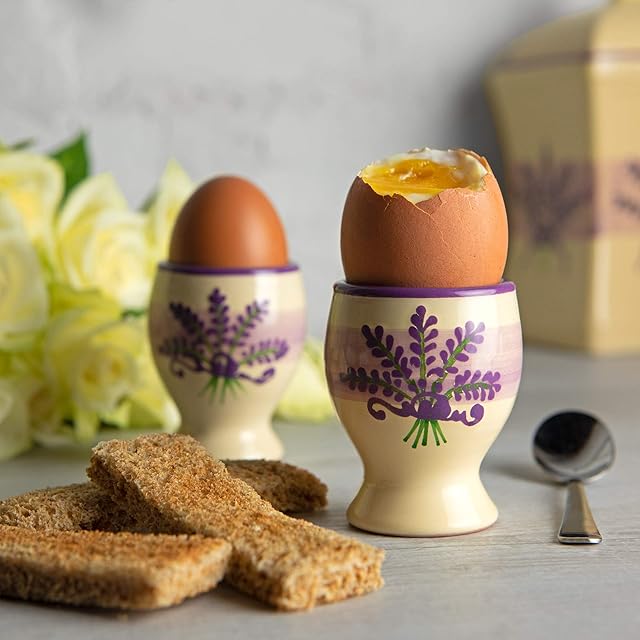 City to Cottage® Set of 2 Lavender Pattern Purple And Cream | Handmade Hand Painted | Ceramic | Hard, Soft Boiled Egg Cup Holder