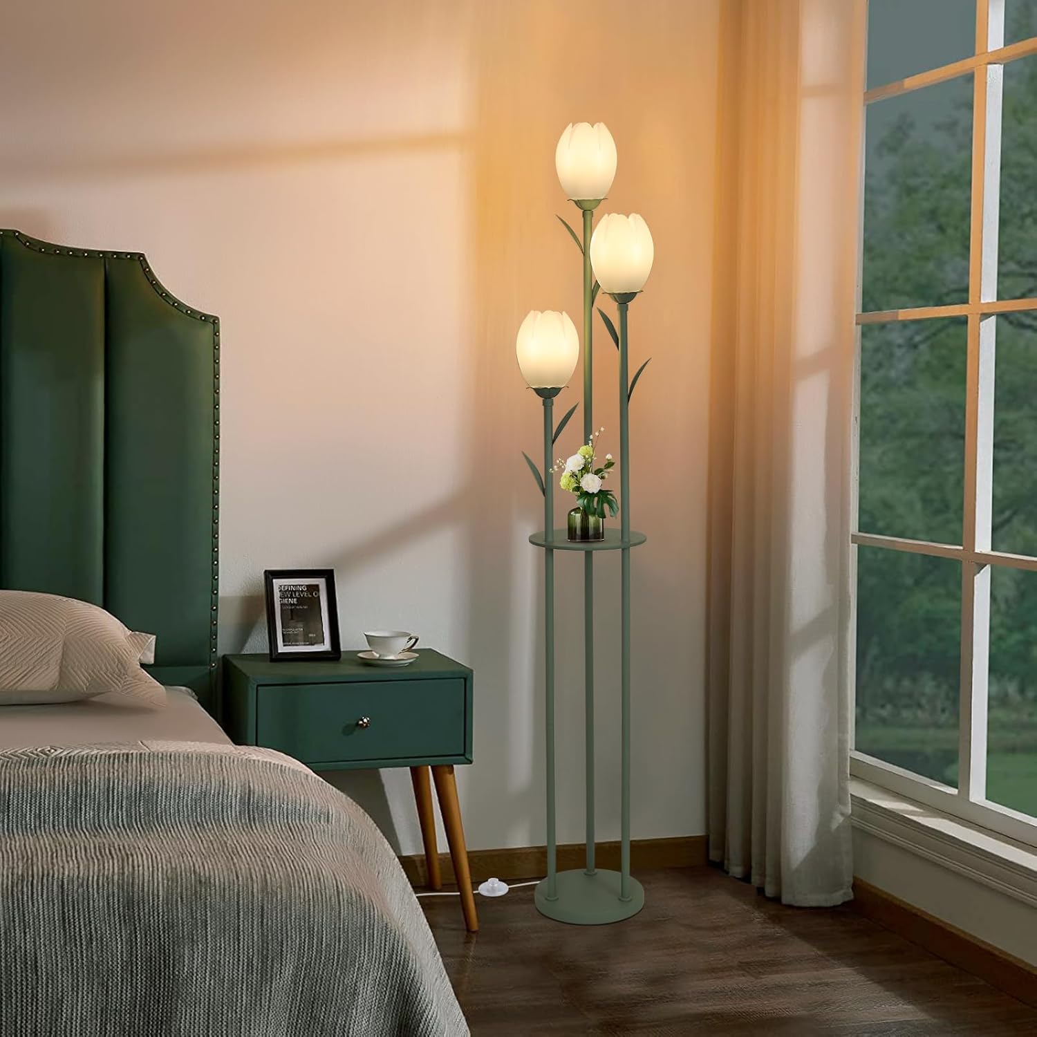 3-Light Flower Floor Lamps for Living Room, Green Floor Lamp with Shelves, Unique Tulip Standing Lamp with 3 LED Blubs, Cute Floral Tall Lamp, Modern Stand Up Light Decor for Bedroom, Kids Room
