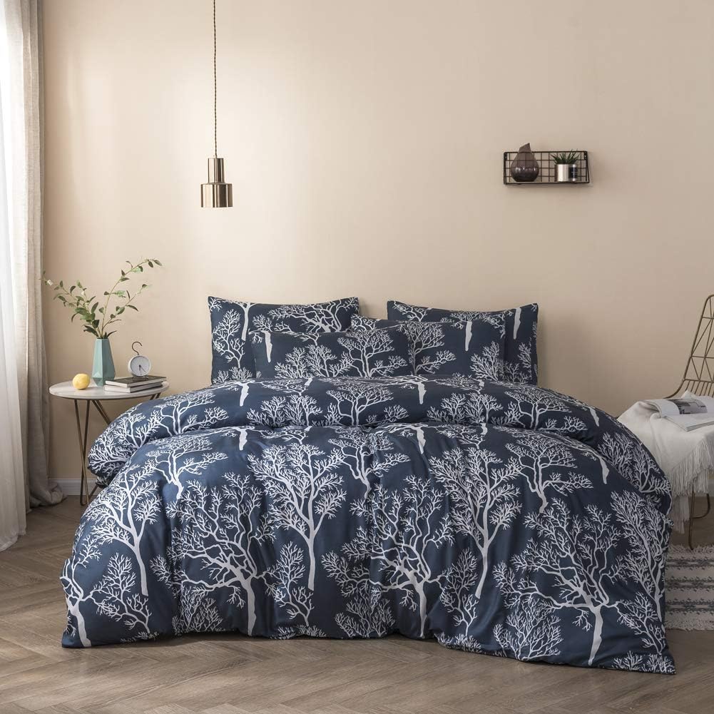 mixinni Navy Blue Duvet Cover Queen White Tree Pattern Printed Soft Microfiber Bedding with Zipper Closure for Him and Her, Easy Care, Soft and Breathable-(3pcs, Queen Size)