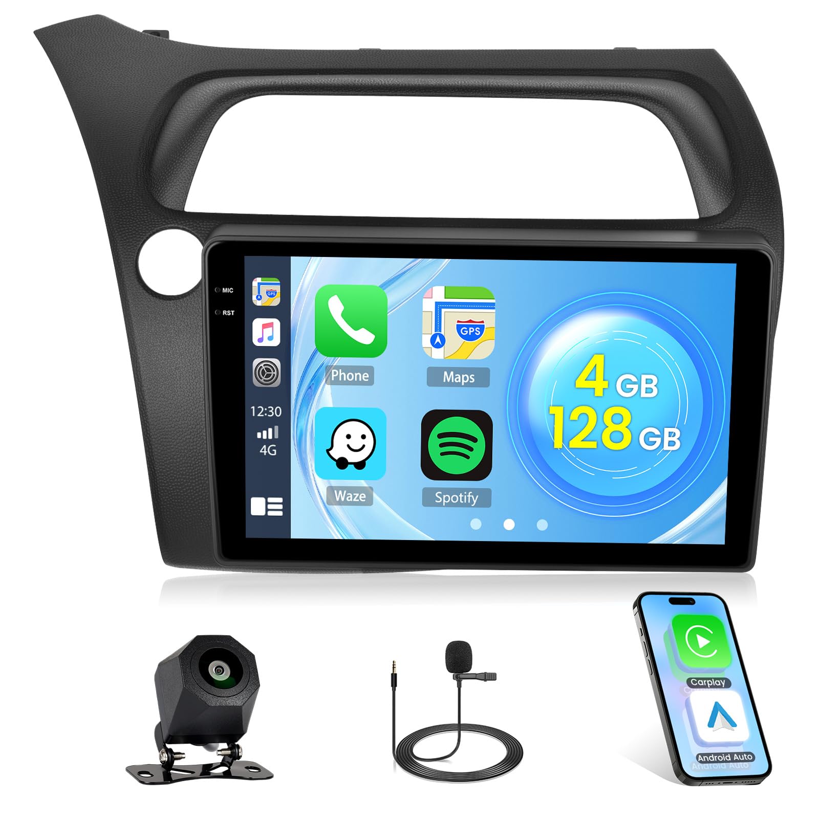 4+128G Radio Android 15 para Honda Civic VIII 2006-2011 Incell Screen Wireless Carplay Android Auto Roinvou, 9 Pulgadas Pantalla Táctil Estéreo Radio GPS Bluetooth EQ WiFi RDS FM SWC Cámara Trasera