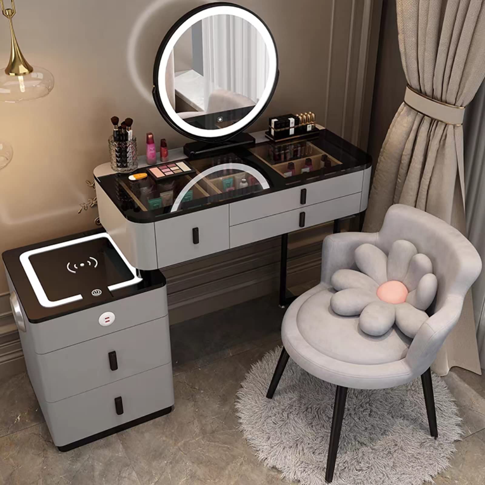 asdchZen Vanity Makeup Desk Set With Mirror Cushioned Stool Nightstand Bluetooth Audio Wireless Charging And 5 Drawers White 120Cm/47.2In,Gray-b-80CM/31.5IN
