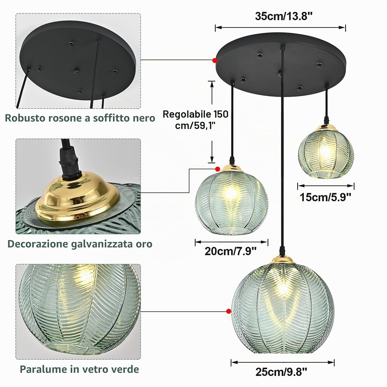 KCO Lighting a sospensione moderna a 3 luci in vetro a righe verdi in vetro a coste nordico lampadario a sospensione a forma di zucca verde Lampada a sospensione a grappolo nero Mid-Century