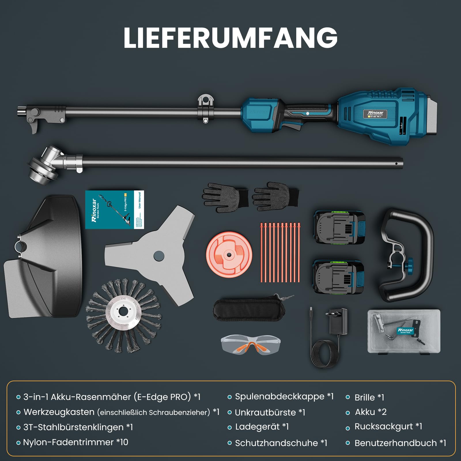 Rasentrimmer mit Akku, 26 cm Akku Freischneider mit Frontmotor, 2 x 5200 mAh Akkus und Ladegerät, 8000/12000 U/min, 3 Klingen, Verstellbarem Schaft und D-Griff, für Rasenkanten, Hohes Gras und Garten