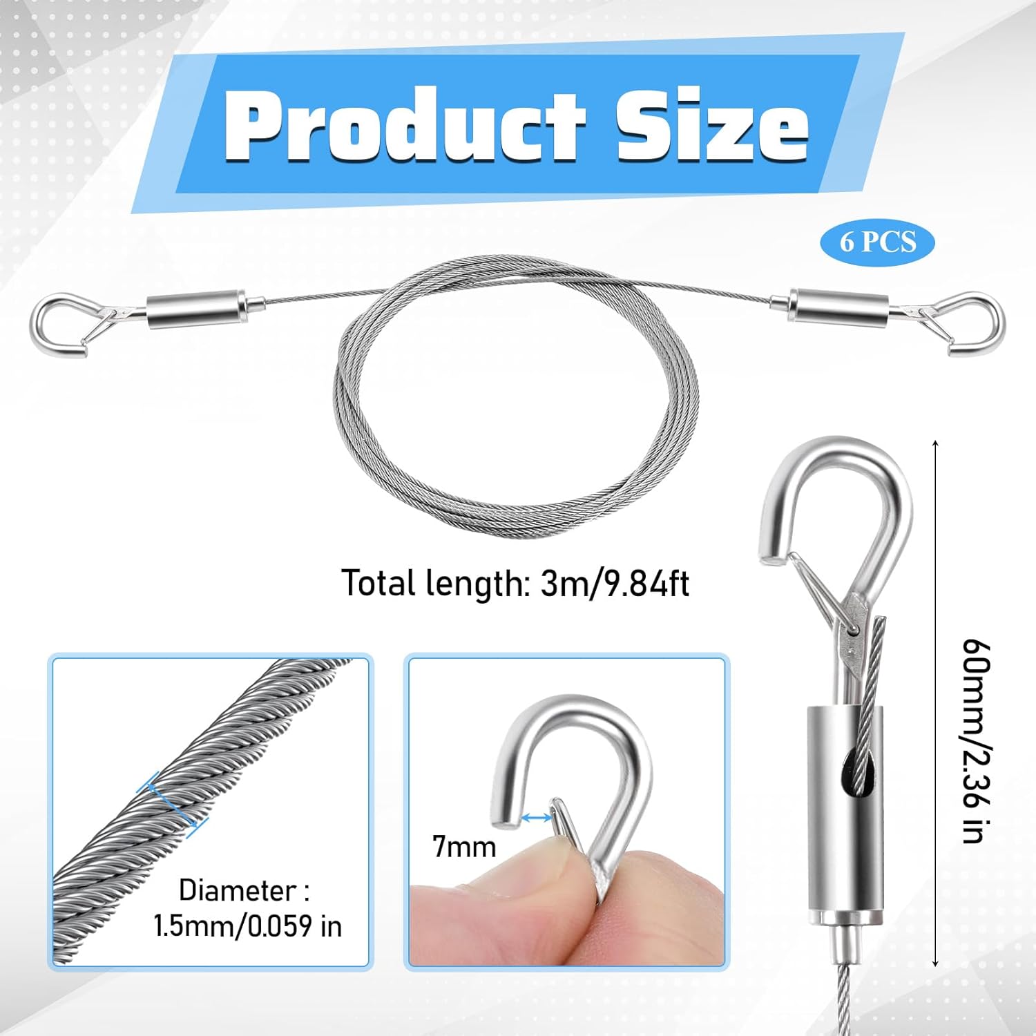 6 Pcs Picture Hanging Wires Heavy Duty Adjustable Art Hanging Wire 9.8FT x1.5mm Stainless Steel Frame Wires Rope for Mirrors Frames Artwork Basket Flowerpot Light Lamp Billboard (hold up to 30kg/66lb)