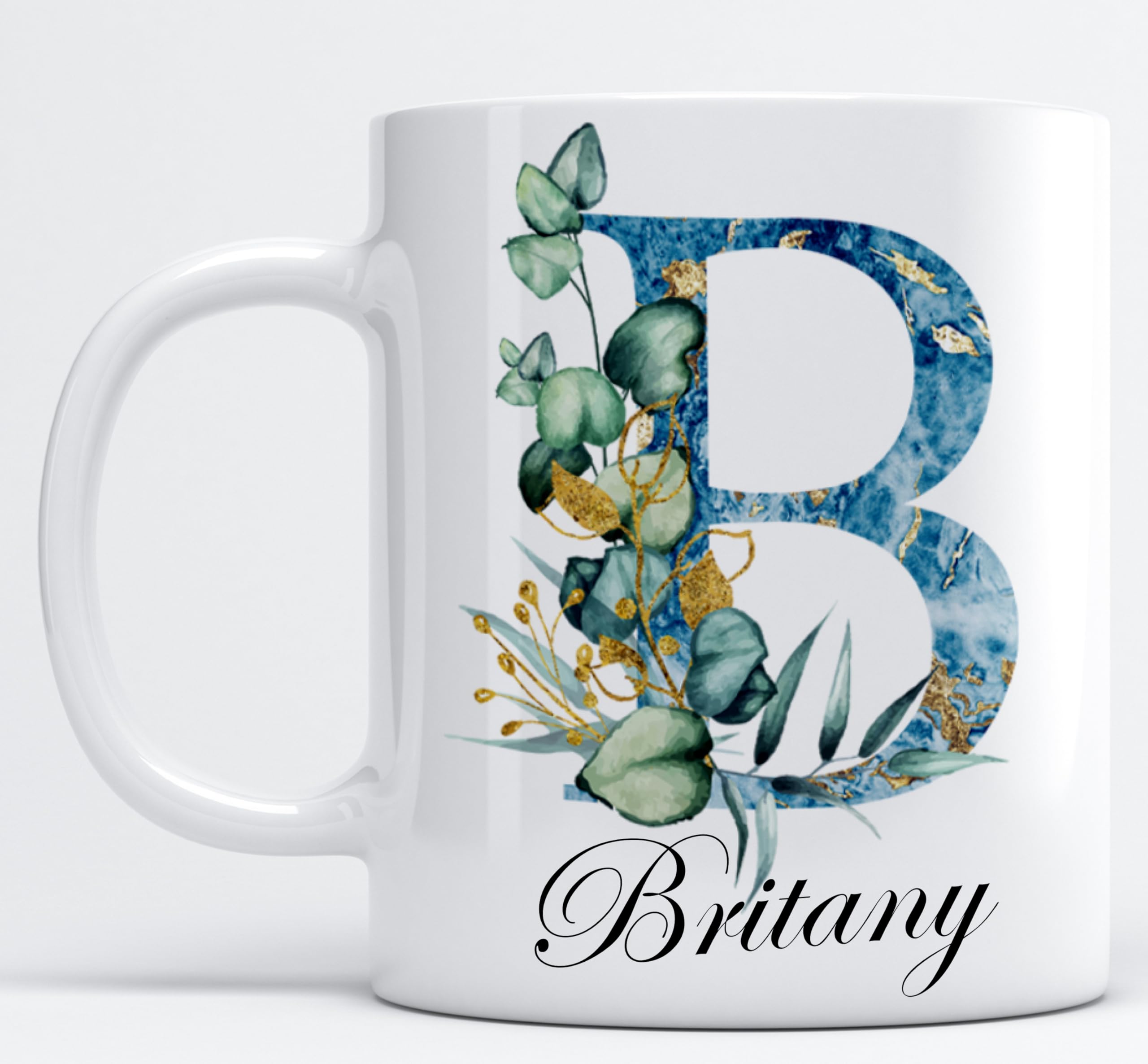 Personalised Mug Stylish Glitter Initial with Name, Customised Gift for Christmas Day, Birthdays, Valentine’s Day, Fathers Day for Mom, Dad, Friends, 11oz Ceramic Coffee/Tea Cup (Blue Glitter Floral)