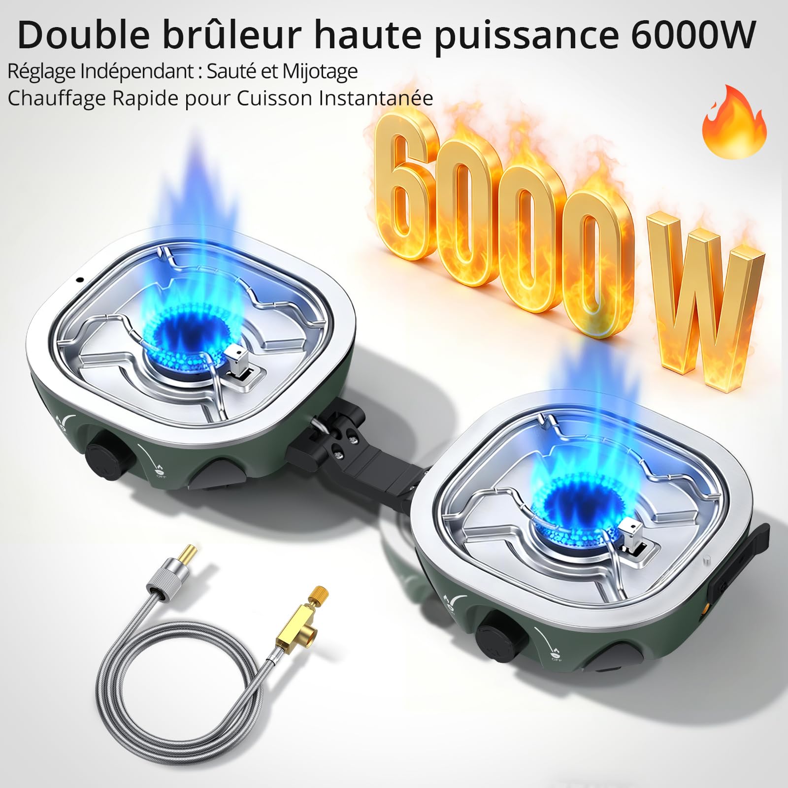 Anbte Réchaud Gaz Pliable Double Brûleur Vert 20000 BTU | Léger Compact, Allumage Piézo, Compatible Isobutane, Sac de Rangement, Adapté Camping Voiture, Caravane et Randonnée
