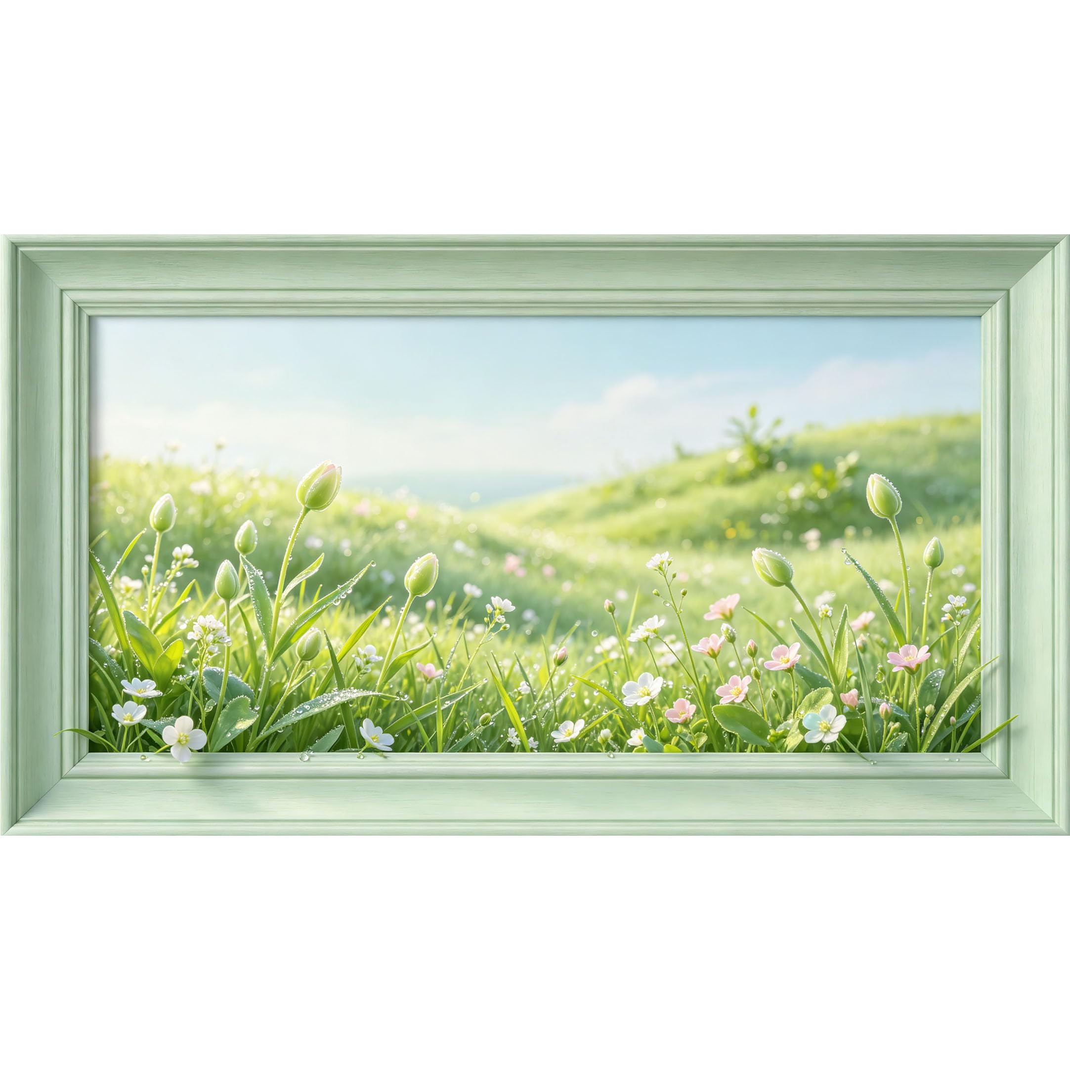 QZLITHOTIC 50x90cm3D Framed Wall Art， Botanical Meadow Morning Dew Green Hills Self‑Adhesive Mural， Water‑Activated Peel & Stick Fabric Decor Wall Decal for Bedroom Living Room