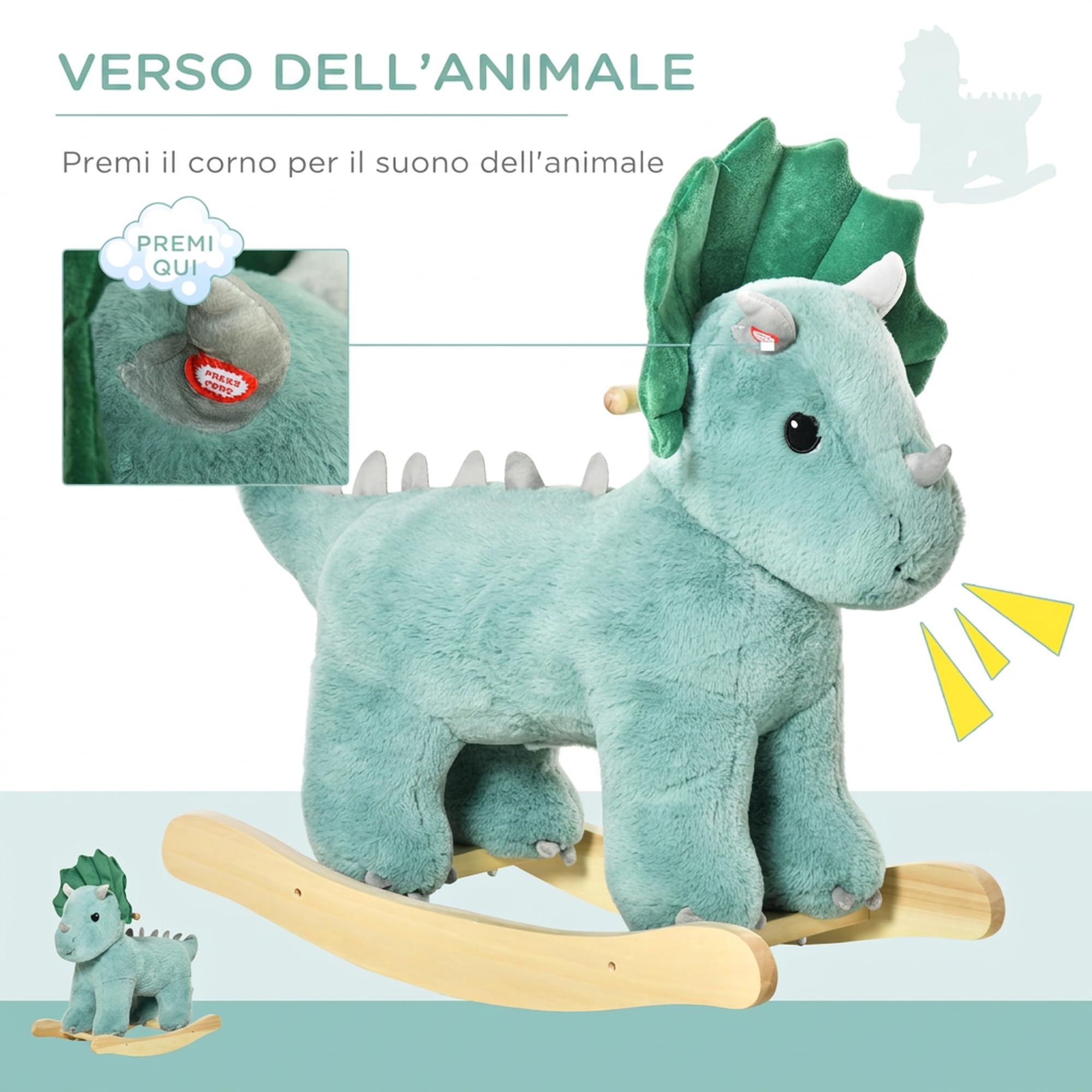 HOMCOM Cavallo a Dondolo per Bambini 3-6 Anni, Triceratopo, Verde Scuro