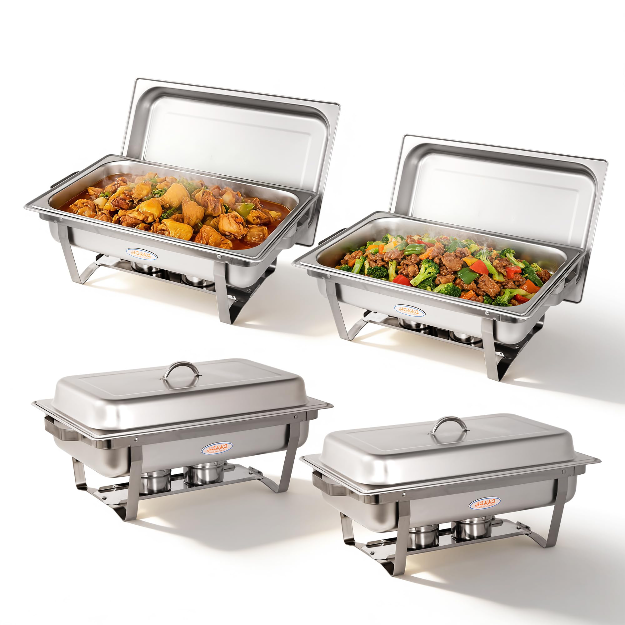 Hakka Lot de 4 Chafing Dish Rectangulaire Buffets Chauffants 9,5L chauffe-plats professionnel avec 4 bacs, chauffe-plats en acier inoxydable avec couvercle, réservoir à combustible, cadre pliable, pou