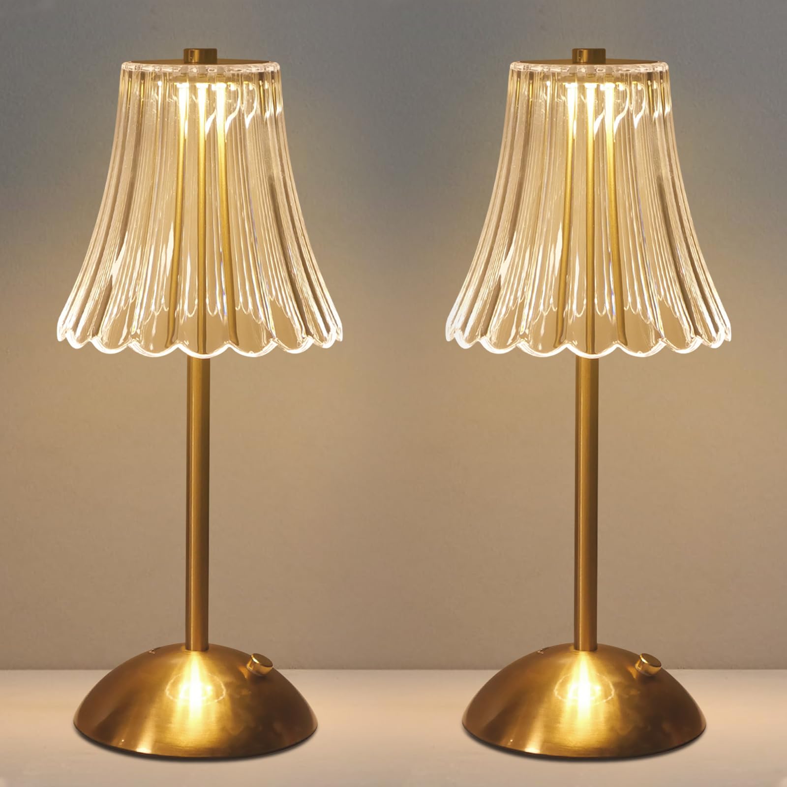 Starhot Rechargeable Table Lamp,Cordless Touch Lamp,20 LEDs,3 Colour temperatures,Touch dimming and USB-C Charging,Acrylic Shade for Bedside,Dining or Restaurant Tables (2, Classic Gold)