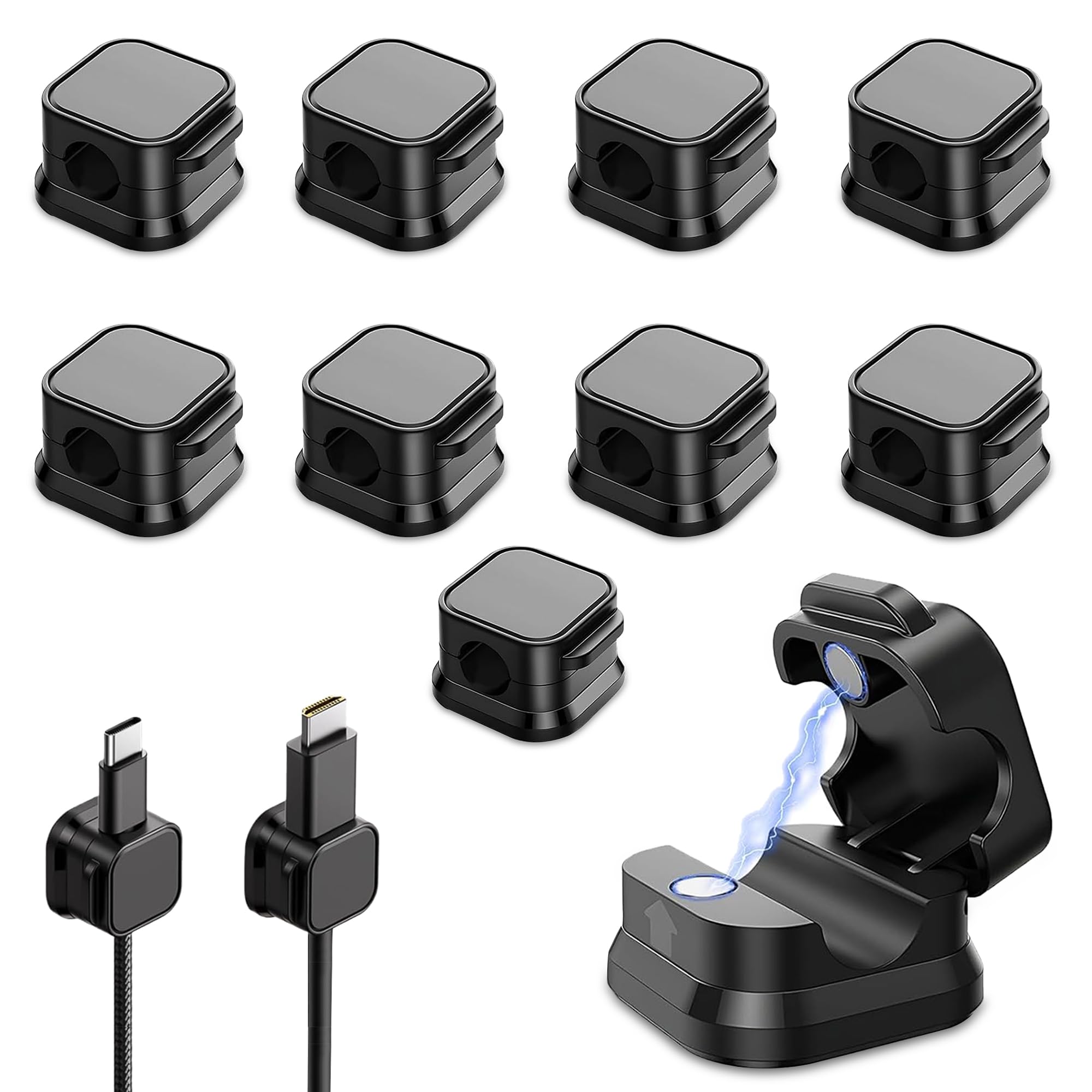 GLUN® Magnetic Wire Holder Pack of 10, Black Desk Cable Organizer for Neat & Tangle-Free Setup, Wire Holders for Mobile & Computer Accessories