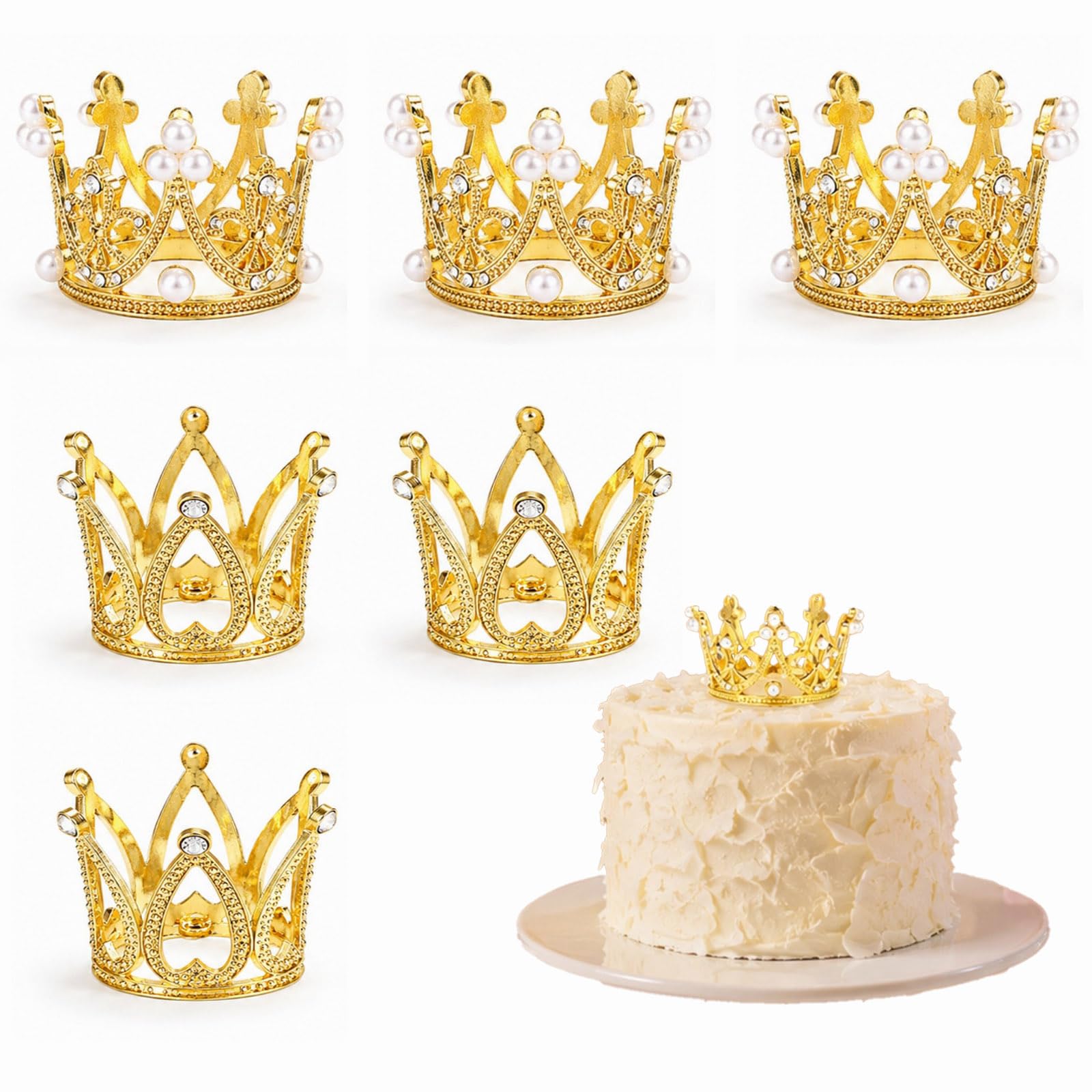 6 PCS Pearl Gold Crown Cake Topper With Rhinestone, Gold Cake Topper Mini Tiara in Shiny, Gold Balls for Cake Decorating for Birthday Party and Wedding Decoration