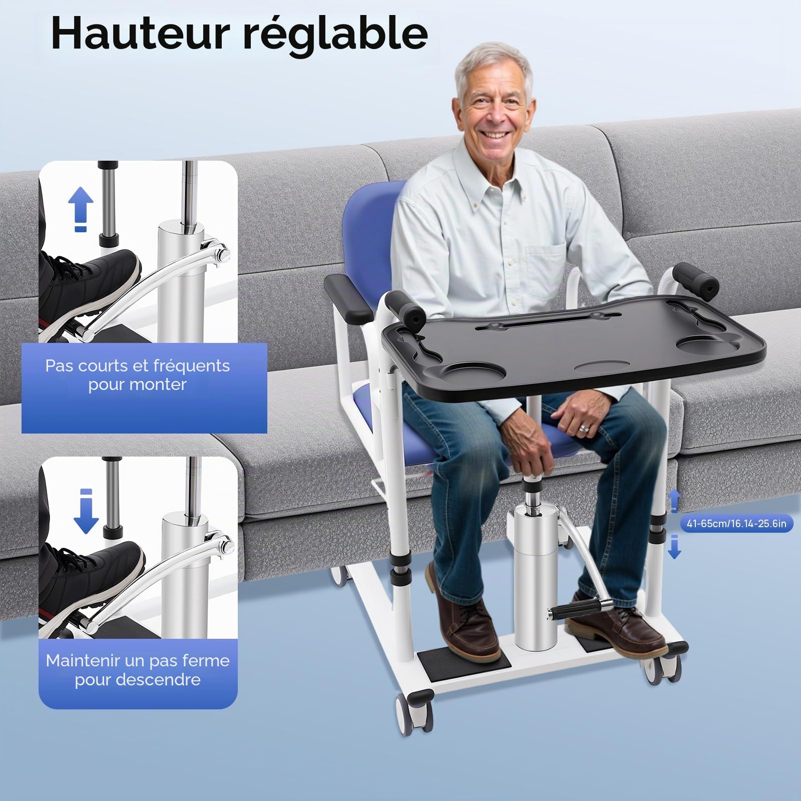 Chaise de transfert hydraulique pour patients - Hauteur réglable - Avec roulettes et siège divisé - Charge maximale : 150 kg - Pour l'intérieur et l'extérieur