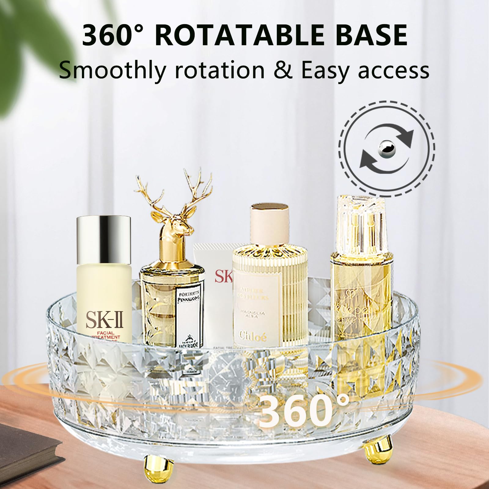 SKwoker 360 Rotating Makeup Organizer for Vanity, Diamond Pattern Skincare Organizer Perfume Lazy Susan Organizer Bathroom Makeup Countertop Spinning Holder, Cosmetic Storage Display Cases (Clear)