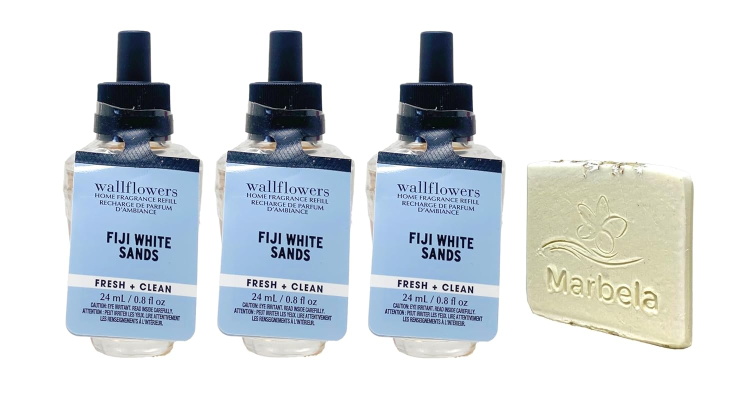 Bath & Body Works Fiji White Sands - 3 Pack Of Wallflowers Home Fragrance Refill with a Marbela Natural Oats Sample Soap.