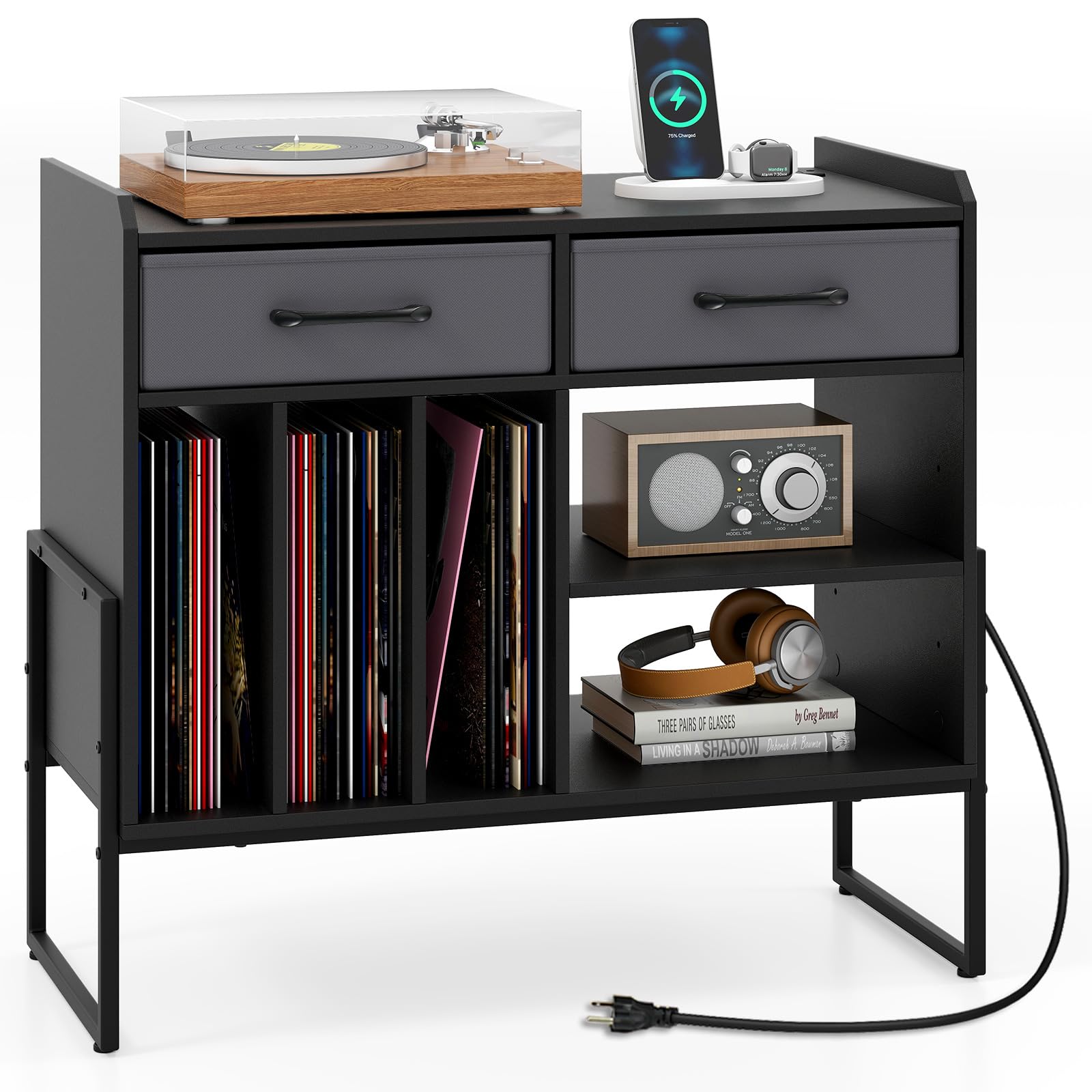 GIANTEX Large Record Player Stand with Charging Station &amp; 2 Drawers, Black