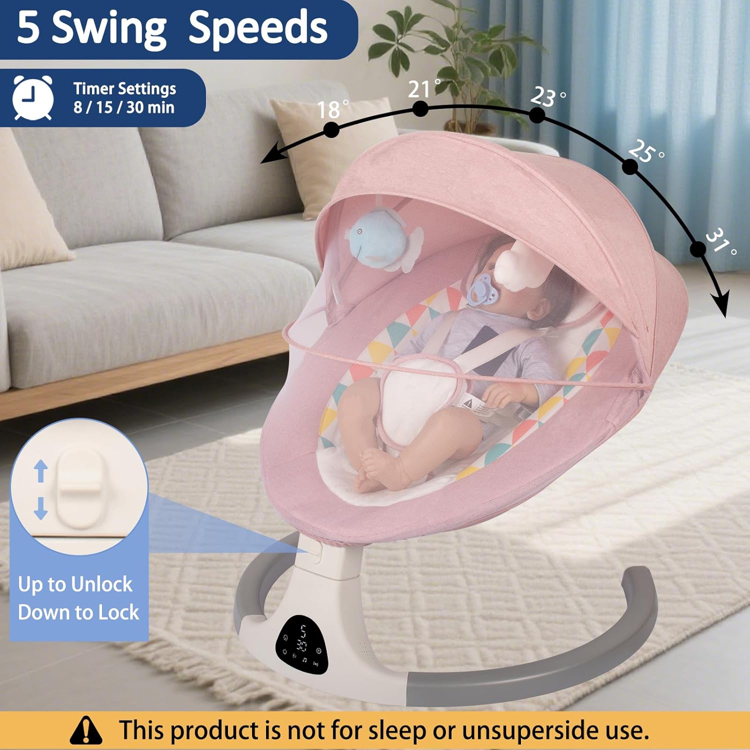 JFOVMCYG Electric Baby Swing for Infants and Toddlers, Portable Rocker with 5 Sway Speeds, Bluetooth Music, Remote Control, 10 Preset Melodies for Newborn Boy & Girl (Pink)
