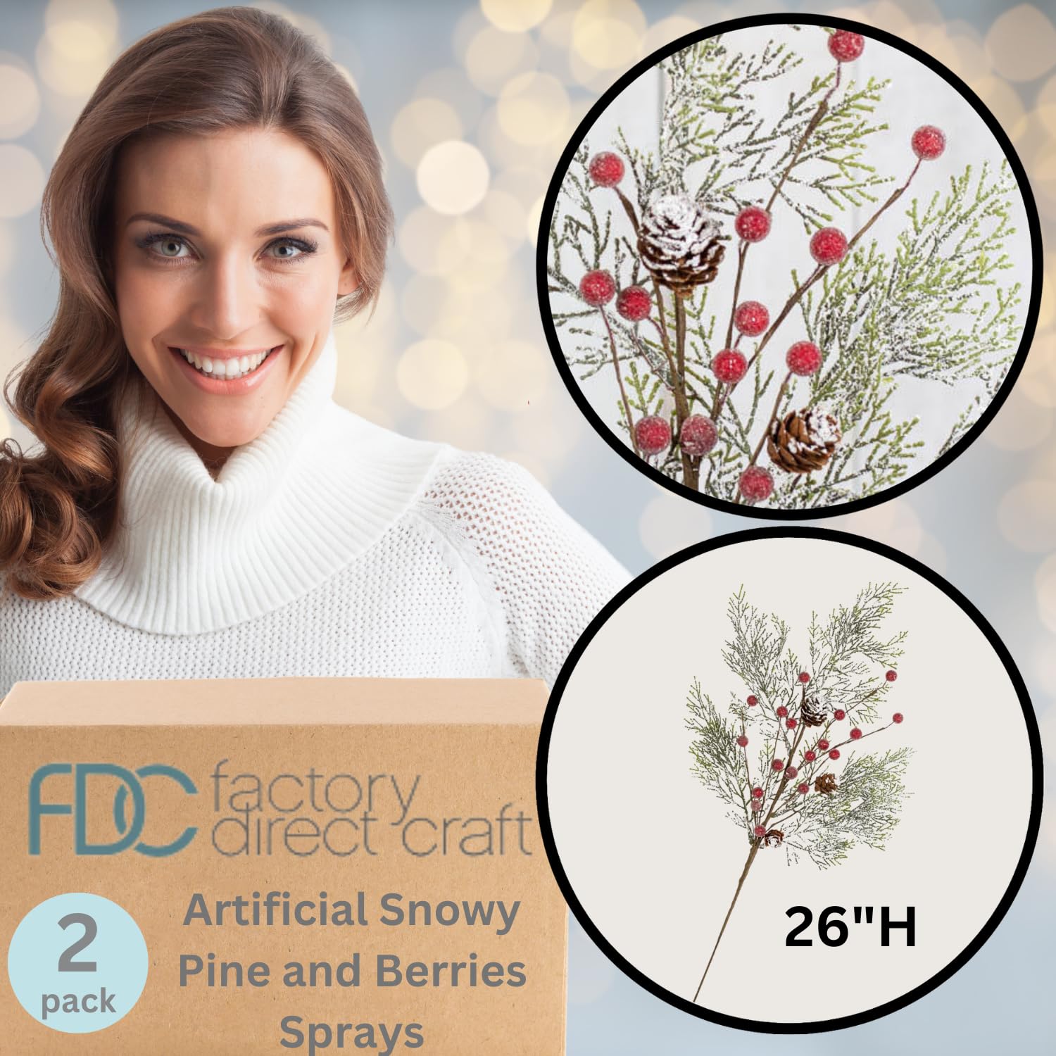 Factory Direct Craft Artificial Snowy Pine and Berries Sprays Set of 2 for Christmas Decorating and Holiday Displays - 26 Inches High