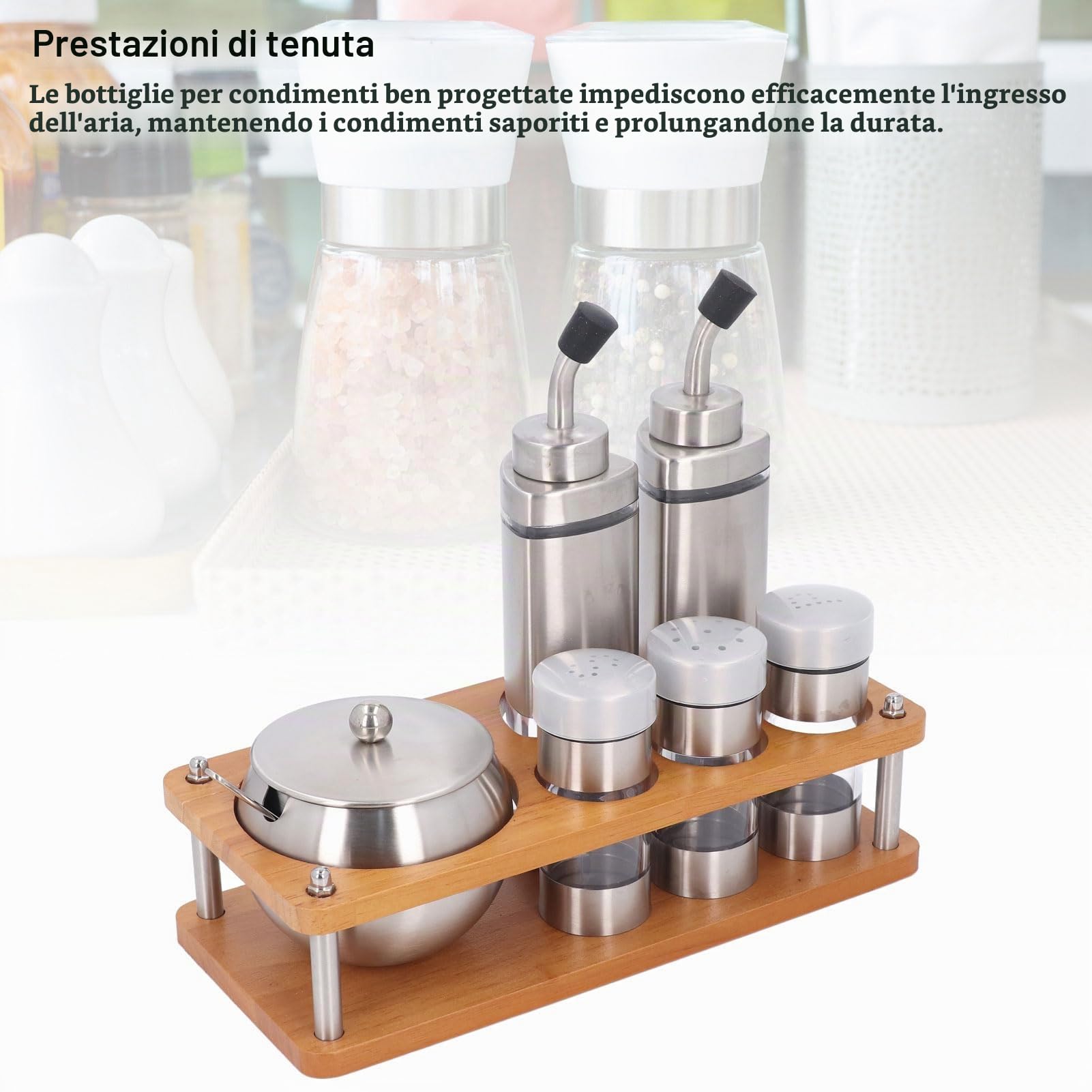 Set da con Portaspezie in Vetro e Acciaio Inox, Contenitori per Sale, Pepe, Olio e Aceto, per Casa e