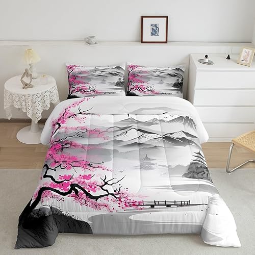 Juego de edredón de flor de cerezo rosa para niñas y mujeres, juego de ropa de cama de monte Fuji, tamaño matrimonial, estilo japonés, edredón