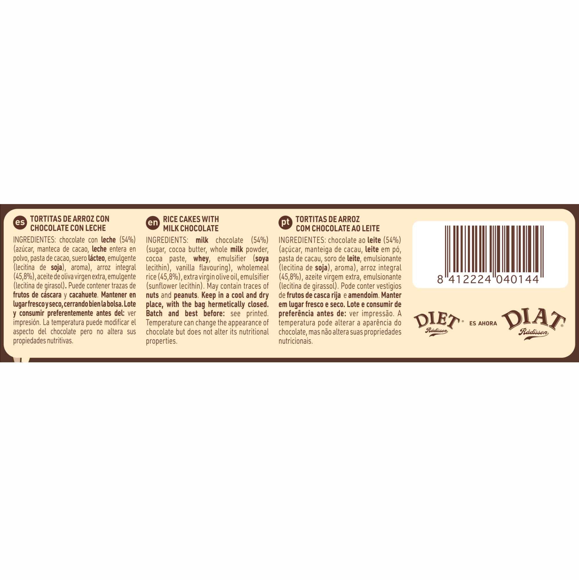 DIAT Radisson Tortitas de Arroz Sin Gluten | Tortitas de Chocolate con Leche | Panqueques de Arroz Integral Inflado| Tortitas de arroz integral | Producto Gluten Free | Apto para Vegetarianos