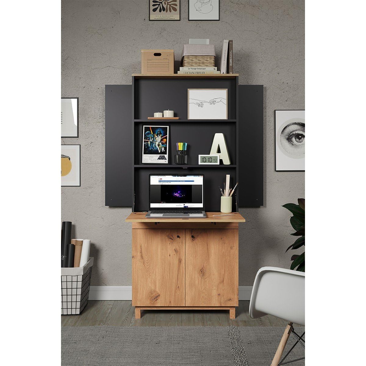 trendteam smart living - Sekretär Schreibtisch Multifunktionsschrank - Wohnzimmer - Solution - Aufbaumaß (BxHxT) 76 x 175 x 41 cm - Farbe Navi Blau mit Viking Eiche - 221400833