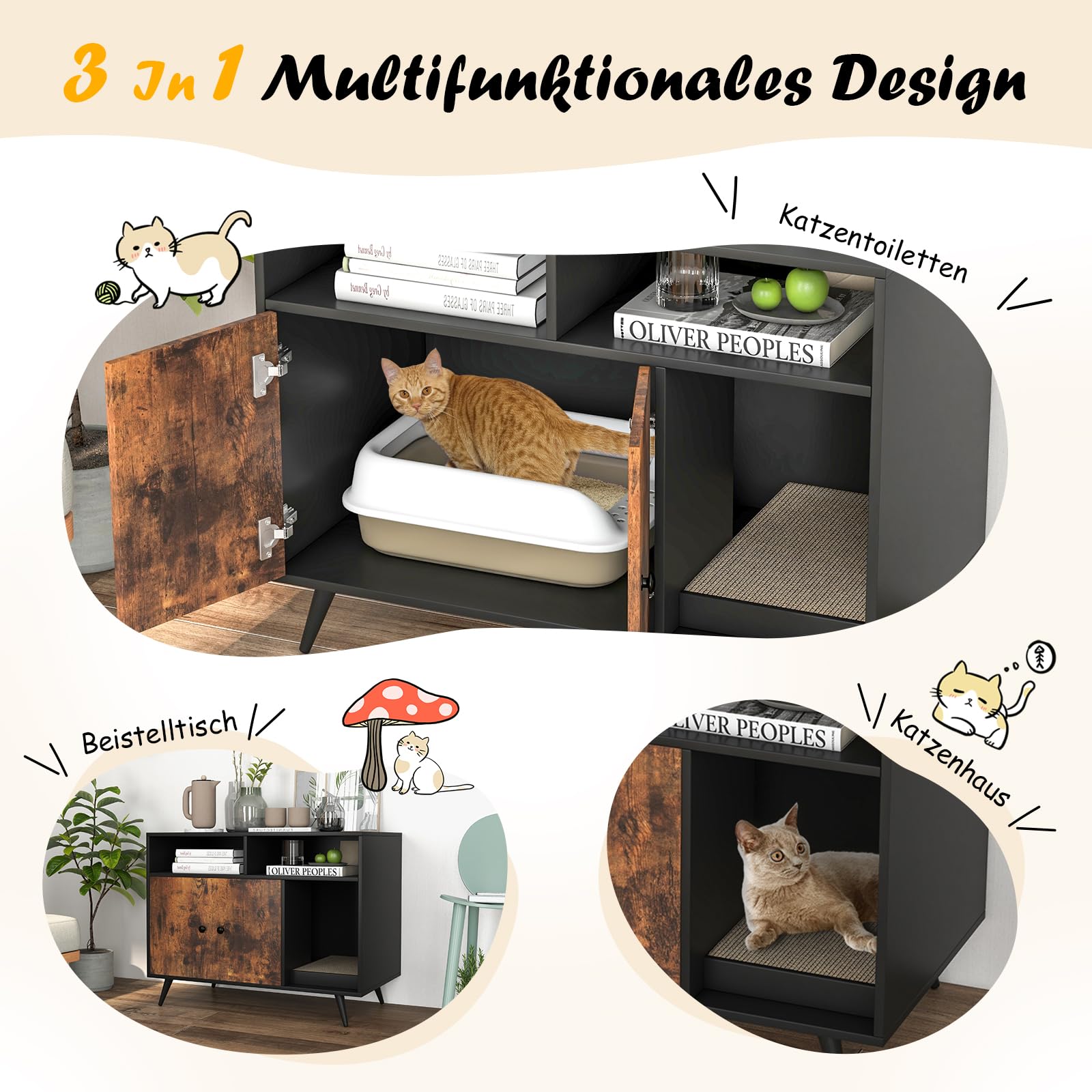 GOPLUS Katzenschrank aus Holz, Katzentoilette mit Doppeltüren, 2 Fächern & Kratzpad, Katzenklo Schrank für Innenkatzen, Hunde Haustier, 90 x 50 x 70 cm, Braun+Schwarz