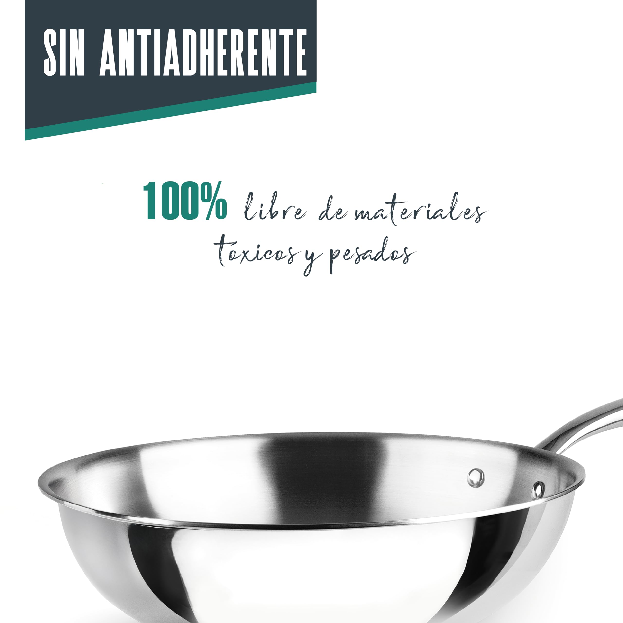 LACOR - 60898 - Wok Trichef, 28 cm, Acero Inoxidable 18/10 y Aluminio 1060, Tricapa, Mango de Acero Fundido, Apto para Inducción, Horno y Lavavajillas