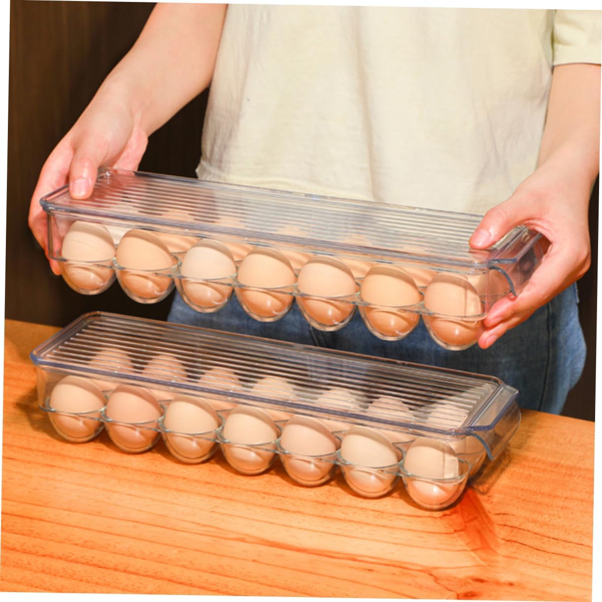 MAGICLULU 2Pcs Clear Slot Egg Organizer for Refrigerator Stackable Container with Lid Space Saving Egg Storage Tray for Kitchen and Pantry Made From Pet Material