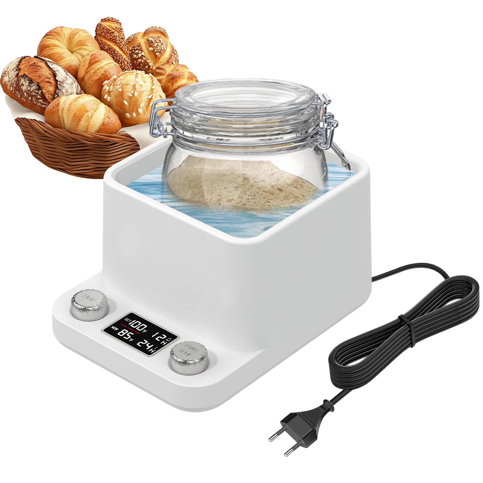 Calentador de Masa Madre con Baño María 360°, Control Preciso de Temperatura de 1°C (21-40°C), Temporizador 198H y Recordatorio de Alimentación – Caja de Fermentación para Masa Madre, Yogur, Kombucha