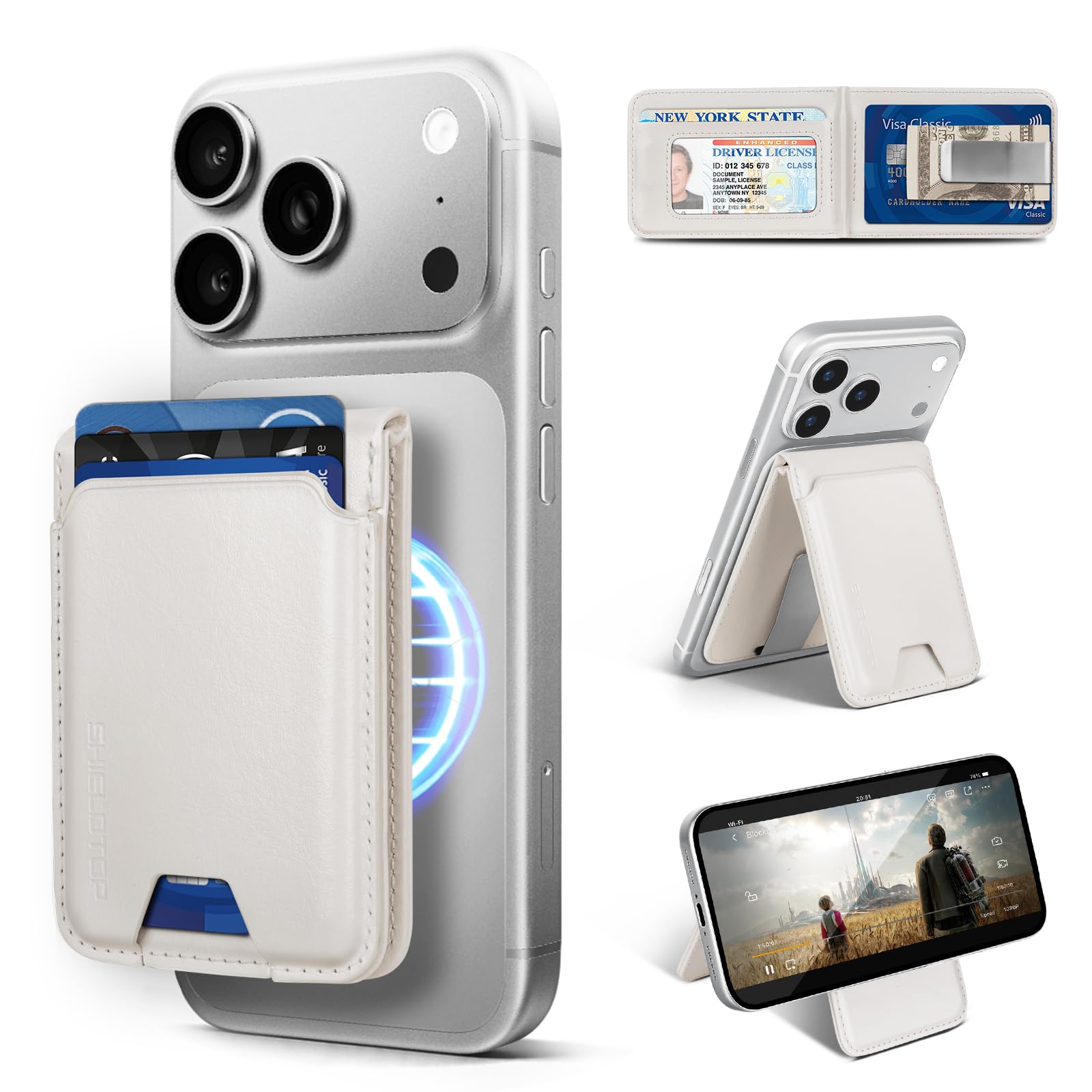 Shieldtop Compatible with Magsafe Case with Card Holder for Men Women Magnetic Ultra-Thin Wallet Bracket Adjustable Bracket for iPhone 17/16/15/14/13/12 Pro/Pro Max/PlusSeries,White-image-10