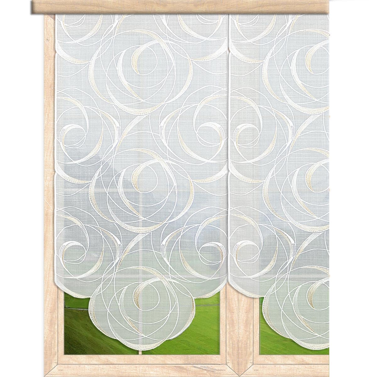 atelier alles-Spitze Flächengardine Diane Beige-Gold BxH 60x96 cm | Moderne Schiebepaneele mit Fantasiestickerei | Halbtransparente Gardine mit Bogenabschluss