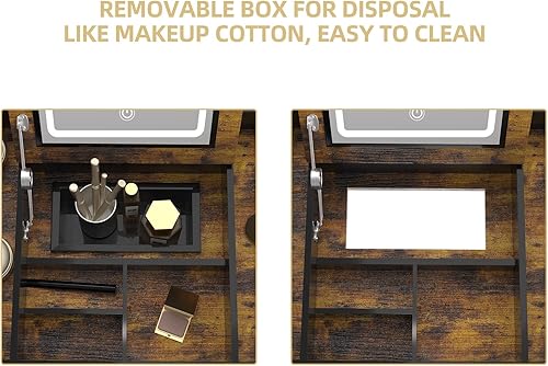 Miniatura 4 de Escritorio retro de madera con espejo, luces, silla y cajones, juego de mesa de maquillaje y taburete de 32 pulgadas en marrón